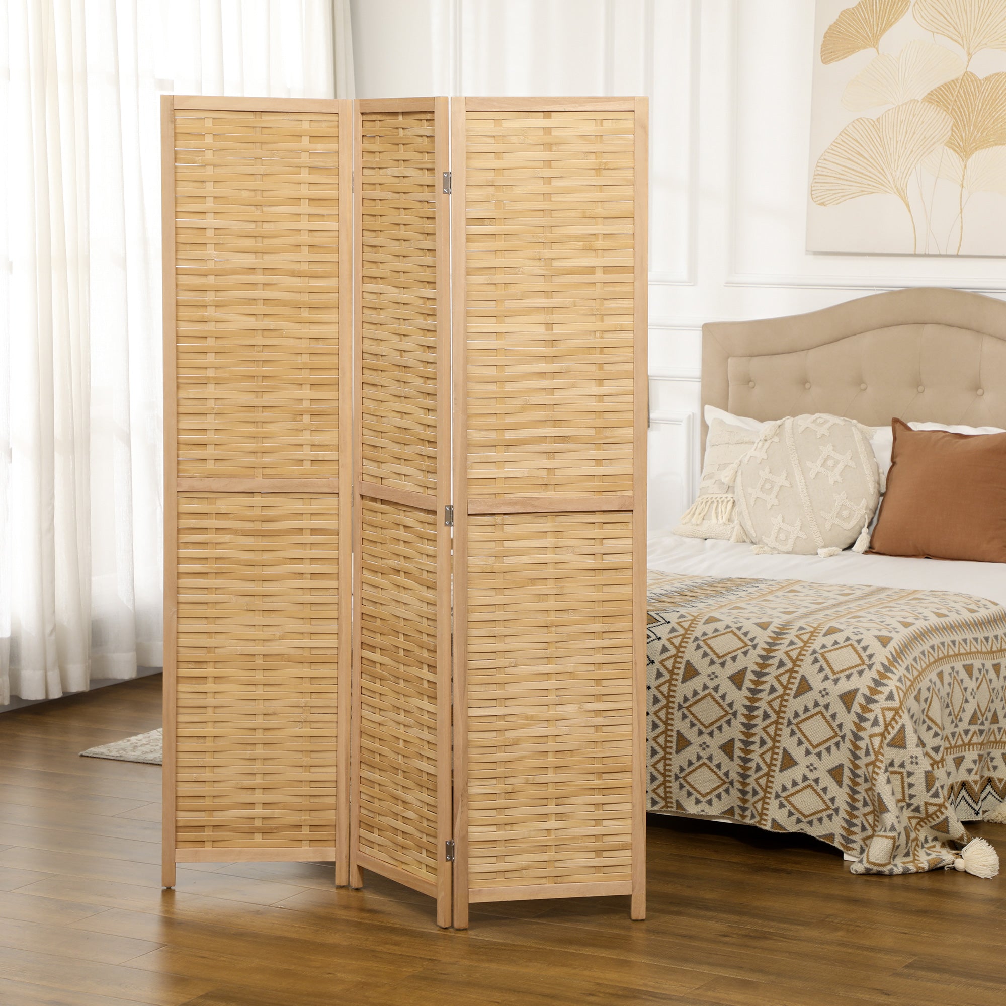 3 Panel Hand Woven Room Divider, Bamboo Folding Privacy Screen, 47.25"x67"x0.75"
