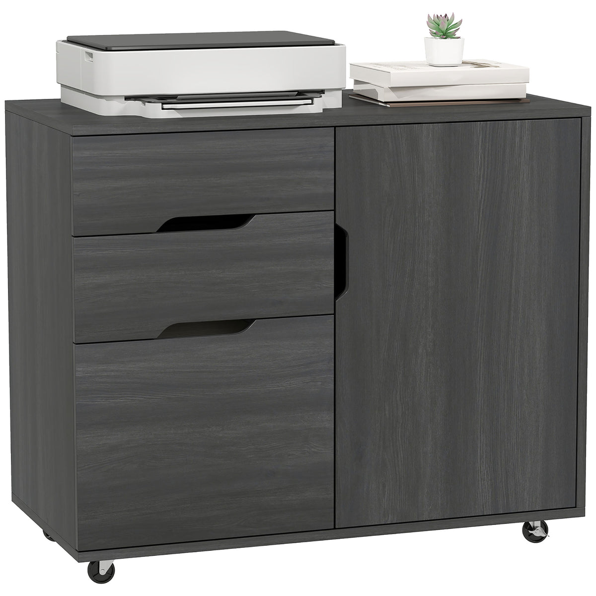 Lateral File Cabinet with Cabinet, Home Office Printer Stand, 3-Drawer Mobile Filing Cabinet, Lockable Wheels, Adjustable Shelf, for A4, Letter-Size Files, Black Wood Grain