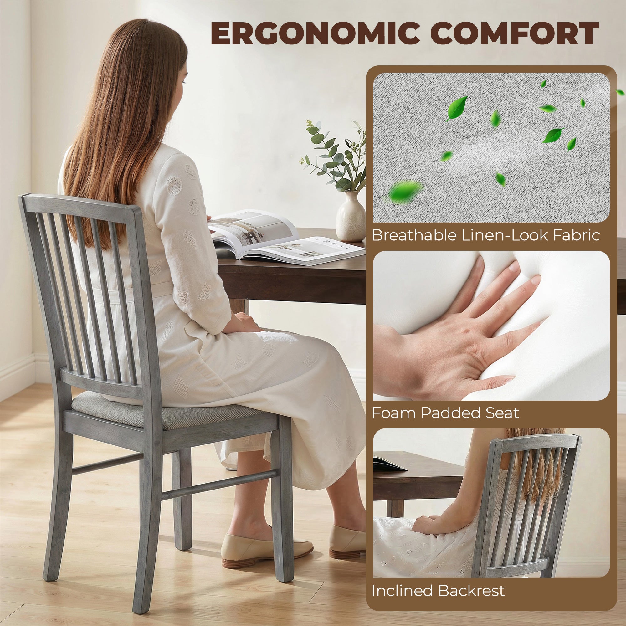 Farmhouse Dining Chairs Set of 2, Upholstered Linen Fabric Kitchen Chairs with Solid Rubberwood Legs for Kitchen, Dining Room, Rustic Gray