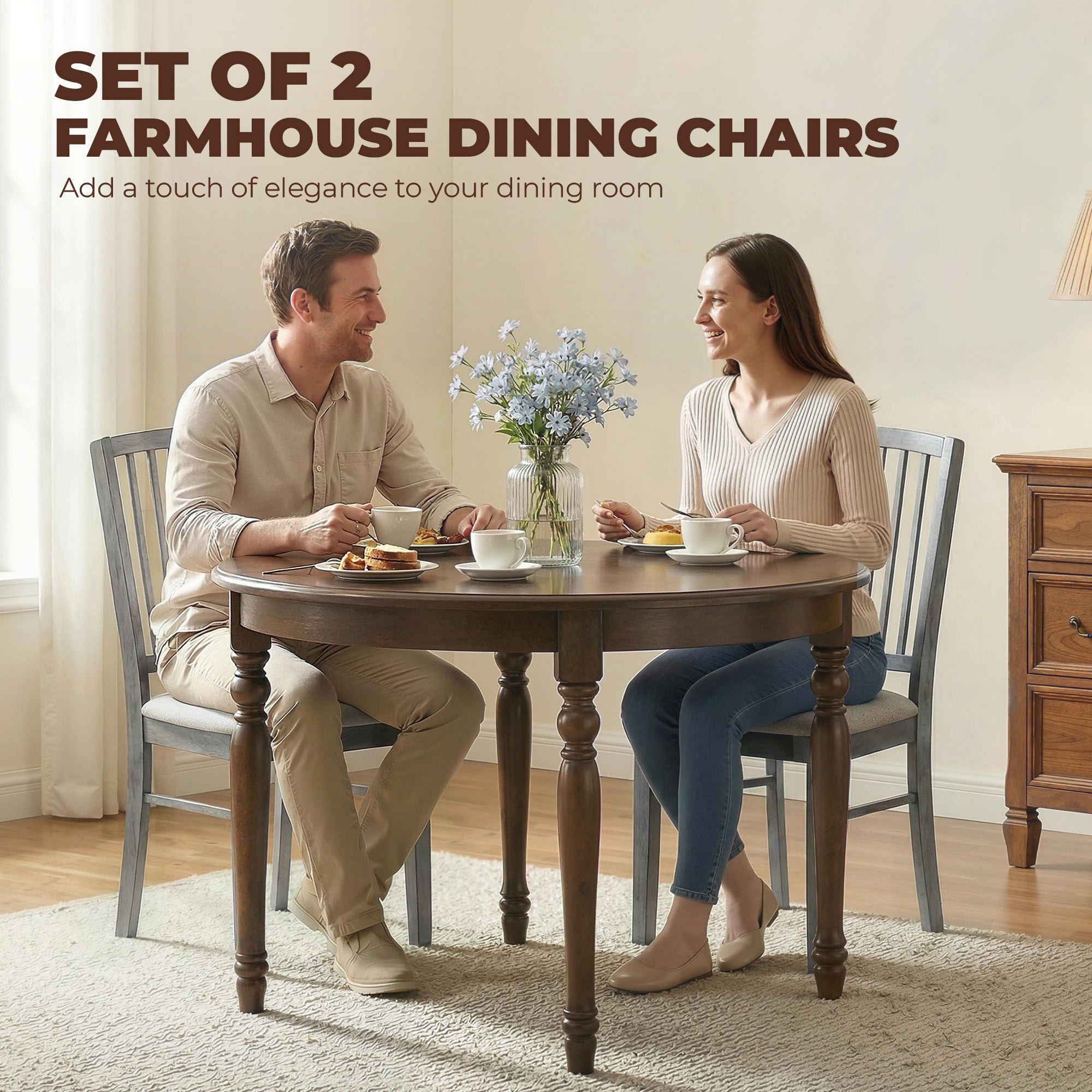 Farmhouse Dining Chairs Set of 2, Upholstered Linen Fabric Kitchen Chairs with Solid Rubberwood Legs for Kitchen, Dining Room, Rustic Gray