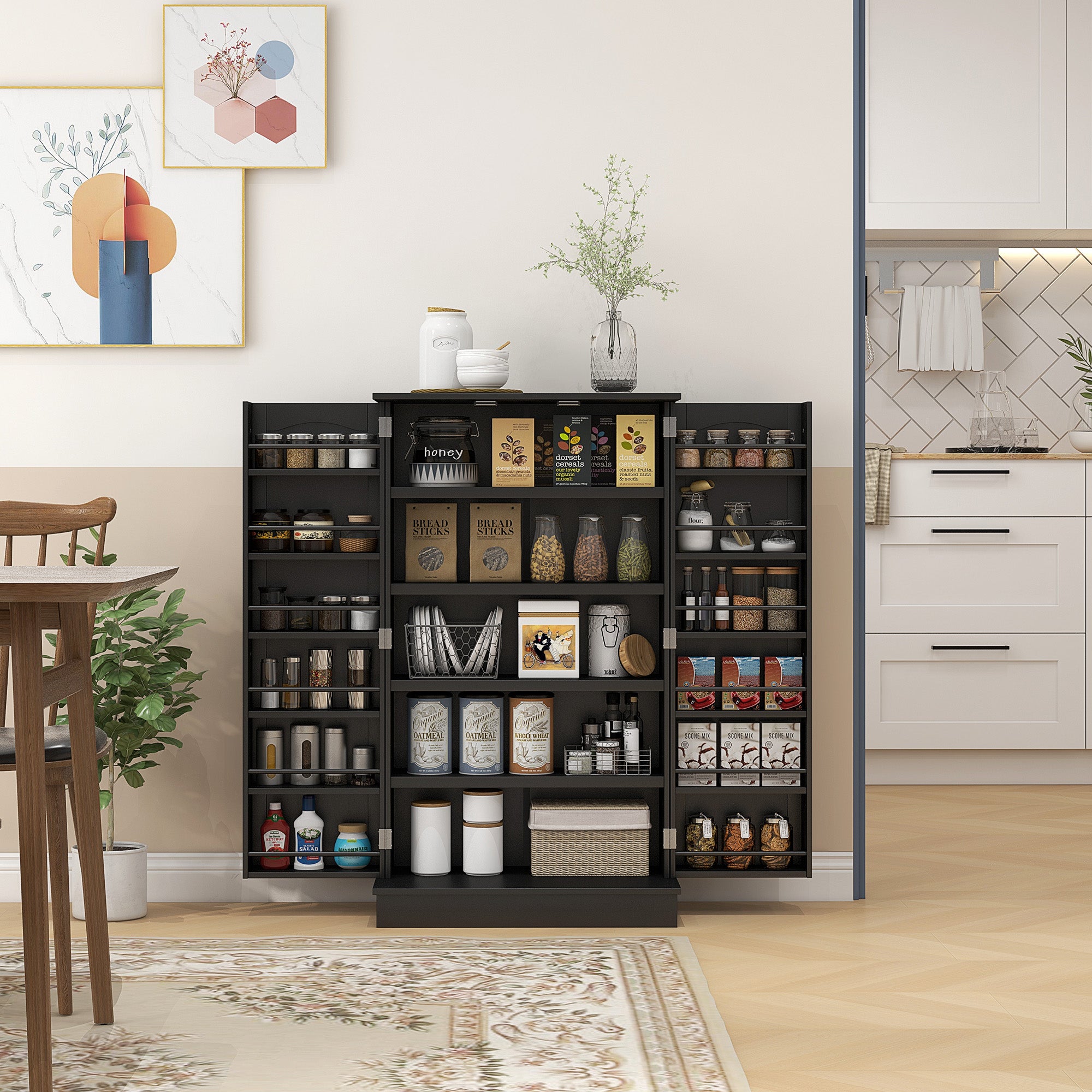 41" Kitchen Pantry Cabinet, 2-Door Buffet Storage Cabinet with 12 Spice Racks and Adjustable Shelves, Black