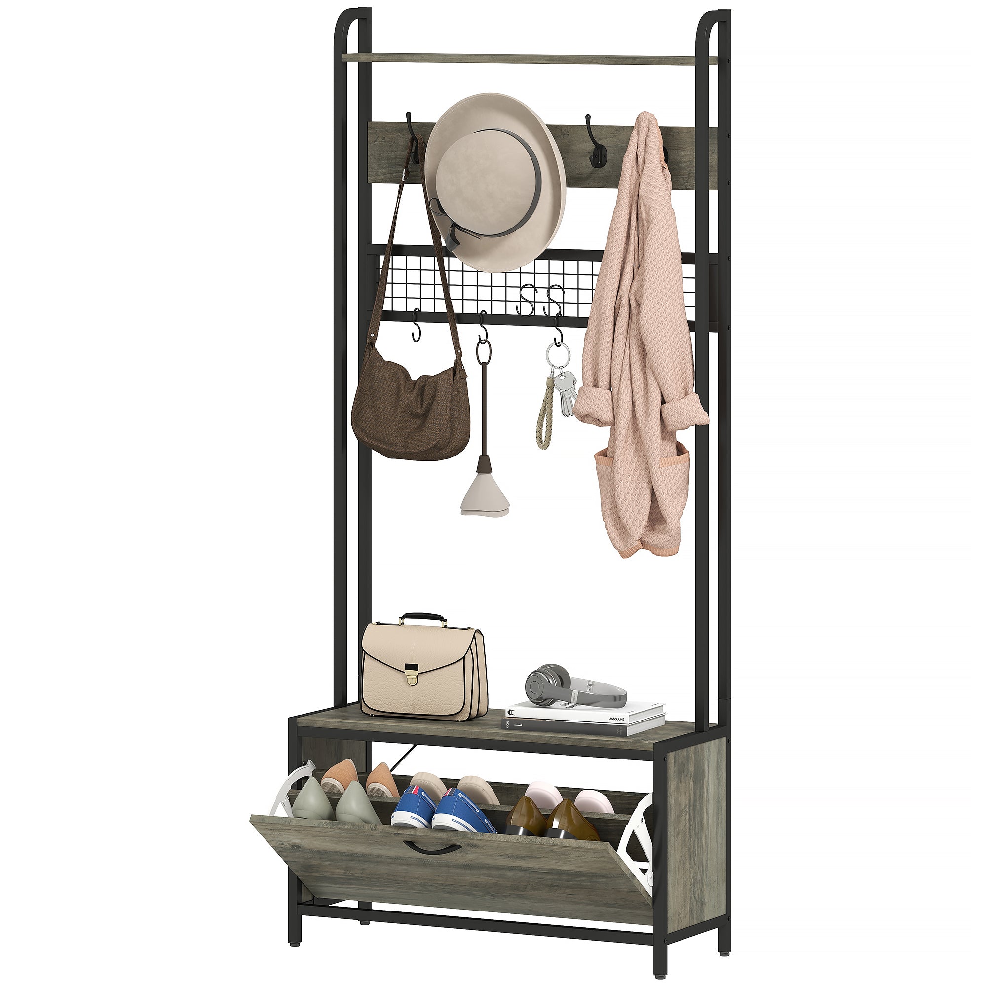 Coat Rack with Shoe Storage Bench and Grid Panel, Hall Tree, 5-In-1 Industrial Coat Rack Stand with Shoe Cabinet and 10 Hooks for Hallway, Entryway, Living Room, Grey