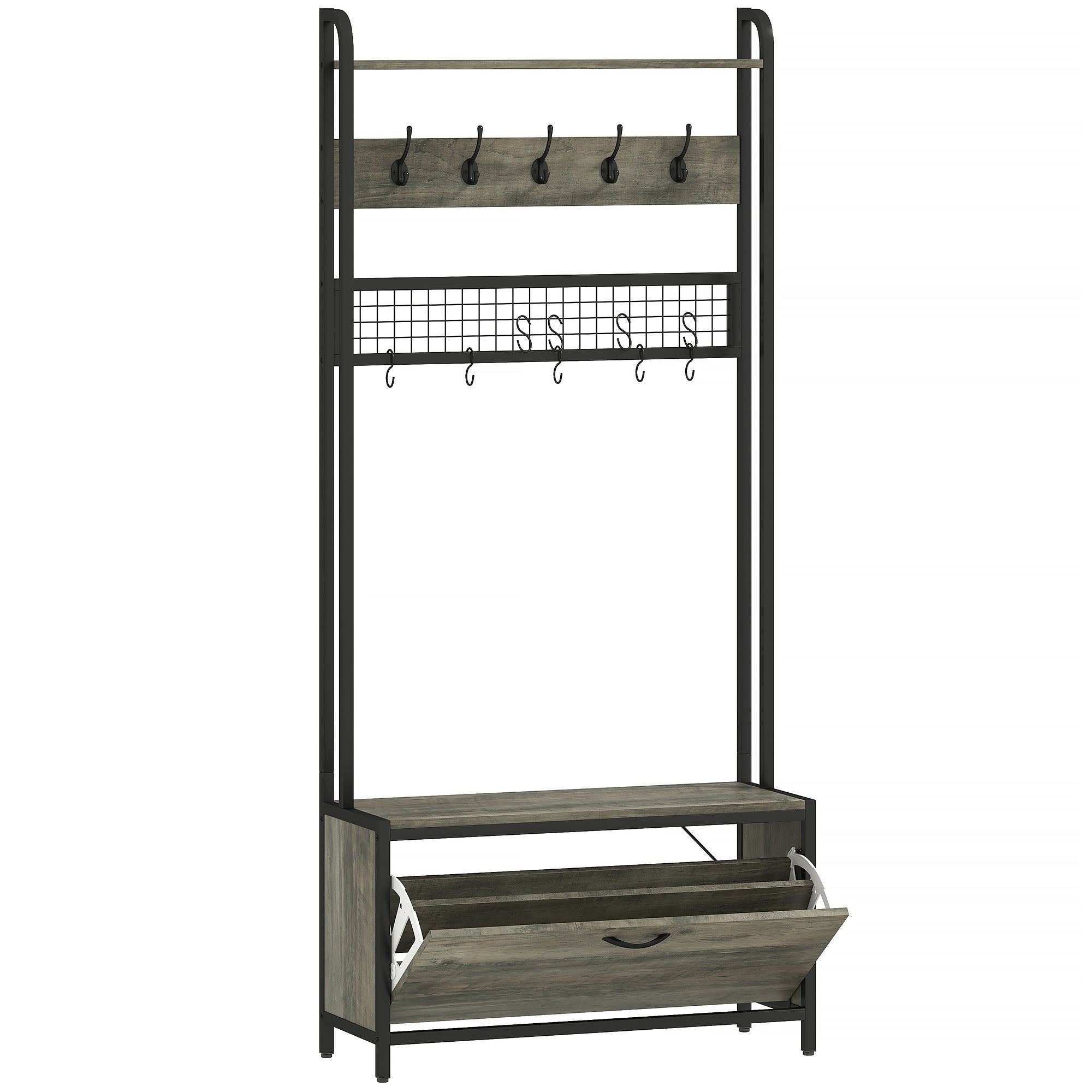 Coat Rack with Shoe Storage Bench and Grid Panel, Hall Tree, 5-In-1 Industrial Coat Rack Stand with Shoe Cabinet and 10 Hooks for Hallway, Entryway, Living Room, Grey