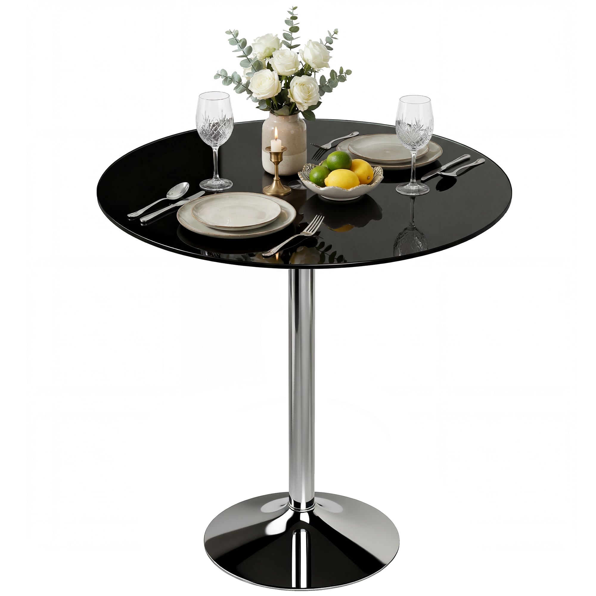Round Bar Table, Modern Dining Table with Tempered Glass Top and Steel Frame for 4, Easy Assembly for Breakfast Bar, Dining Room, 70 x 70 x 75.5cm, Black