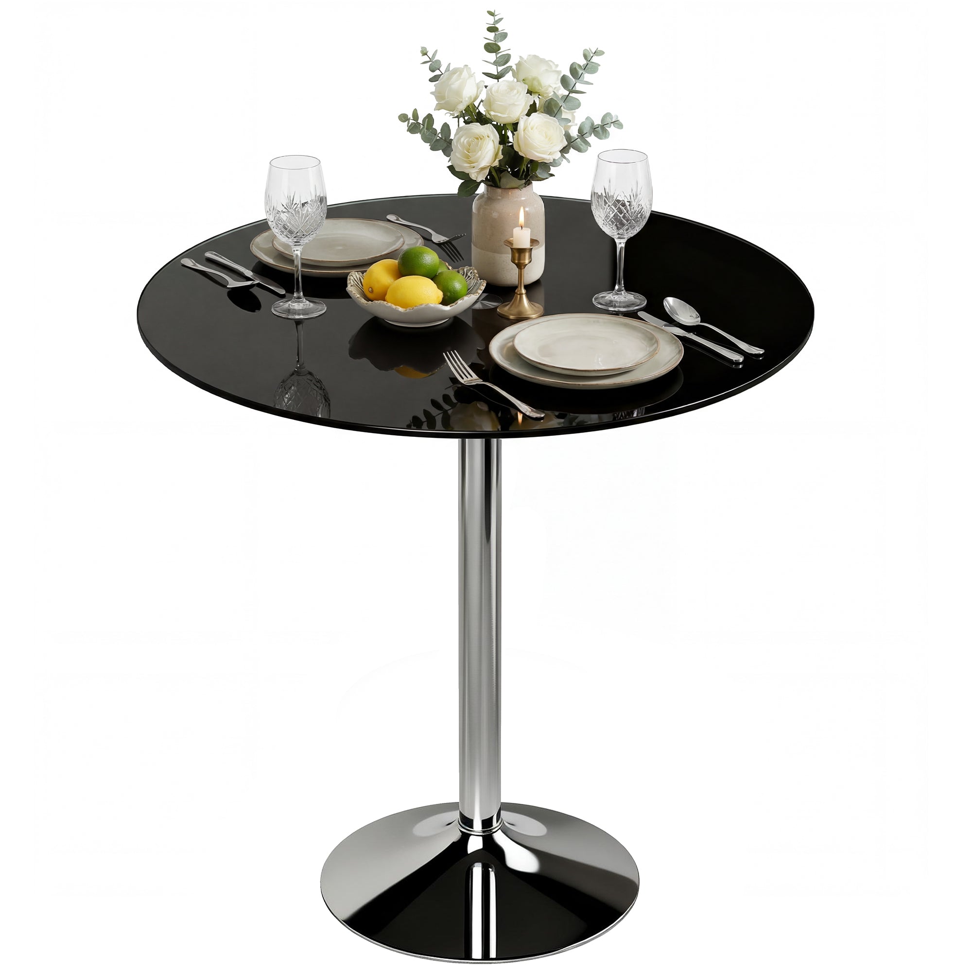 Round Bar Table, Modern Dining Table with Tempered Glass Top and Steel Frame for 4, Easy Assembly for Breakfast Bar, Dining Room, 70 x 70 x 75.5cm, Black
