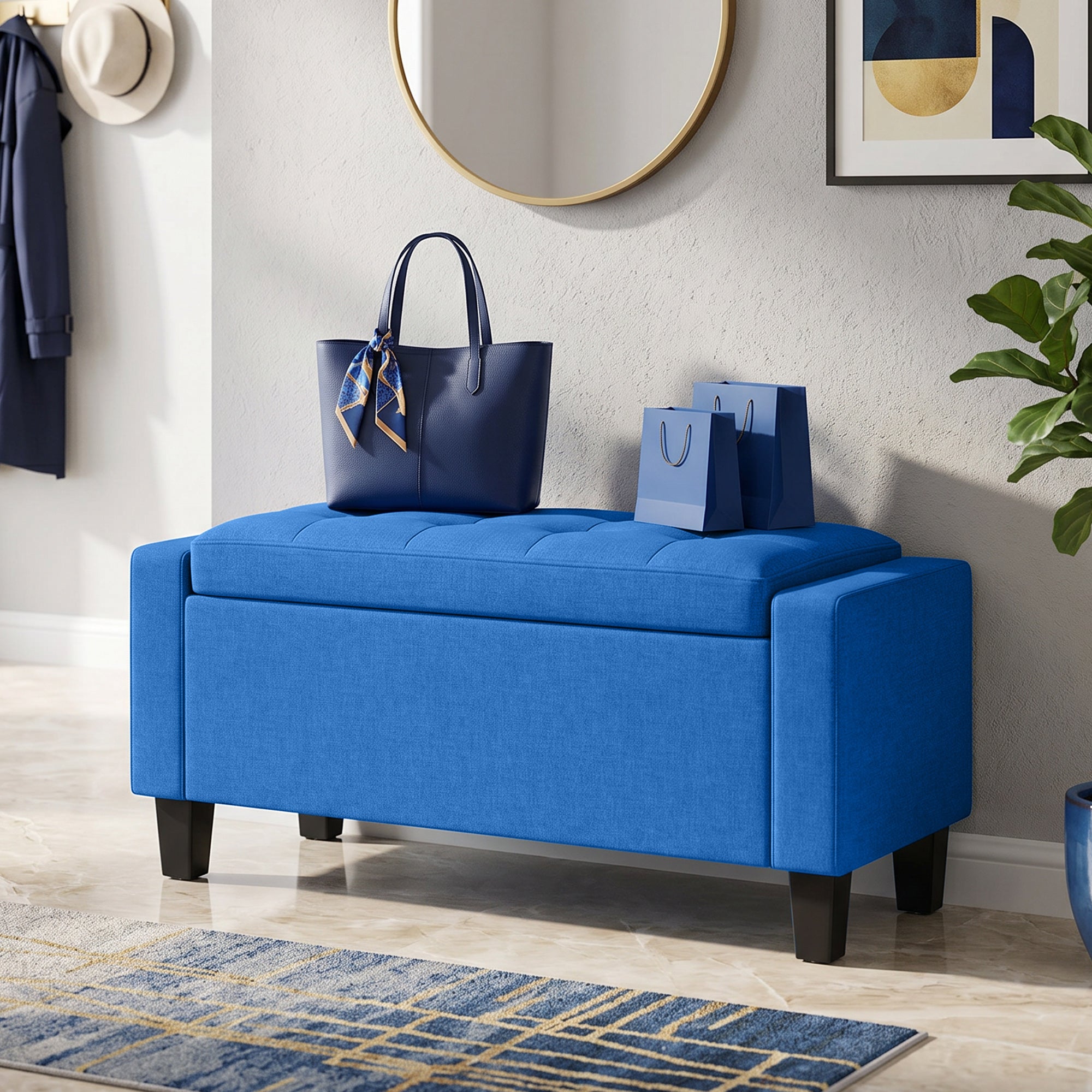 36.6" Tufted Fabric Rectangular Storage Ottoman, Sitting Bench with Armrests and Wooden Legs, Holds up to 528 lbs, for Entryway, Living Room, Bedroom, Blue