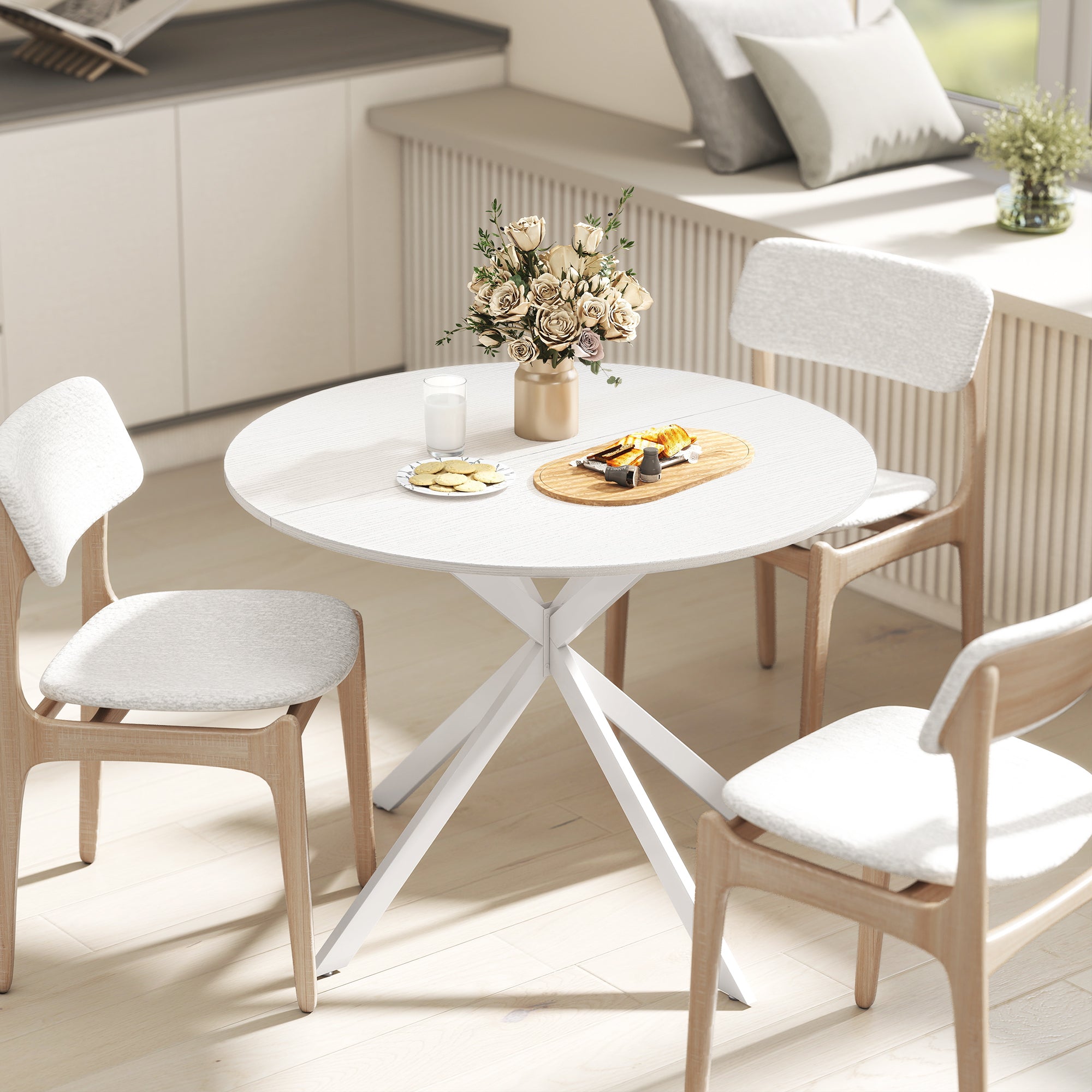 Round Dining Table for 4, 40" Industrial Kitchen Table with Steel Legs for Dining Room, White Oak