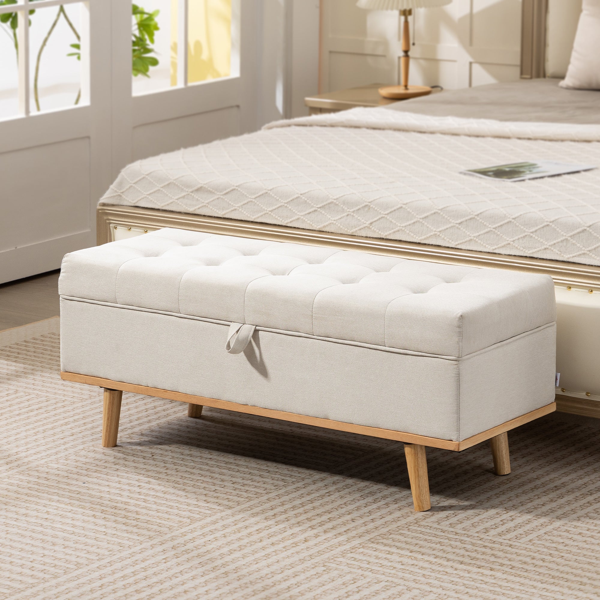 Storage Ottoman Bench, Foot Rest with Lift-Up Lid and Wood Legs, End of Bed Bench, Linen Storage Chest for Living Room, Bedroom, Entryway, 46.5" x 16.5" x 17.7", Cream White