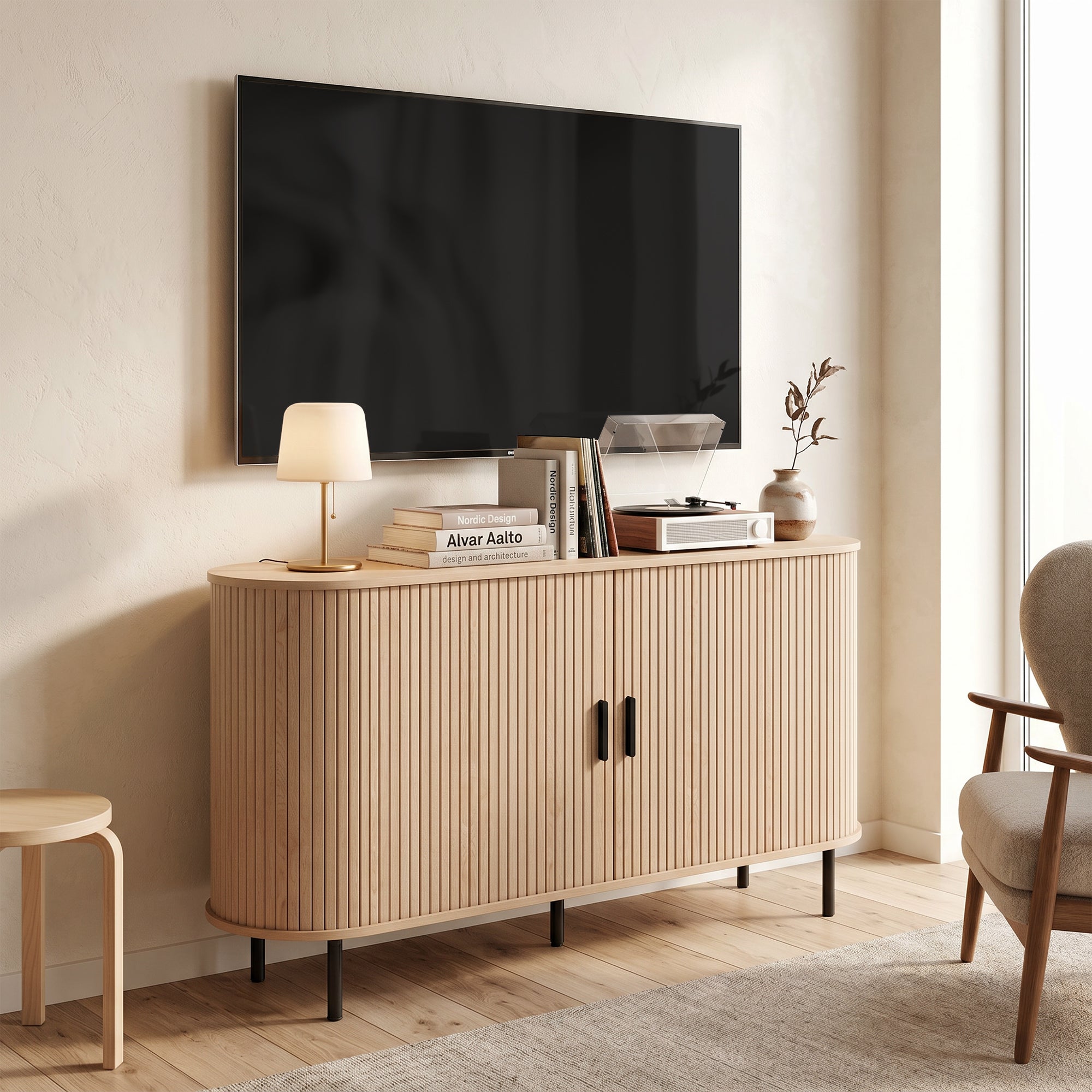 Fluted Sideboard Buffet Cabinet, 55" Mid Century Coffee Bar Cabinet with Sliding Doors, Kitchen Credenza with Adjustable Shelves, Natural Wood
