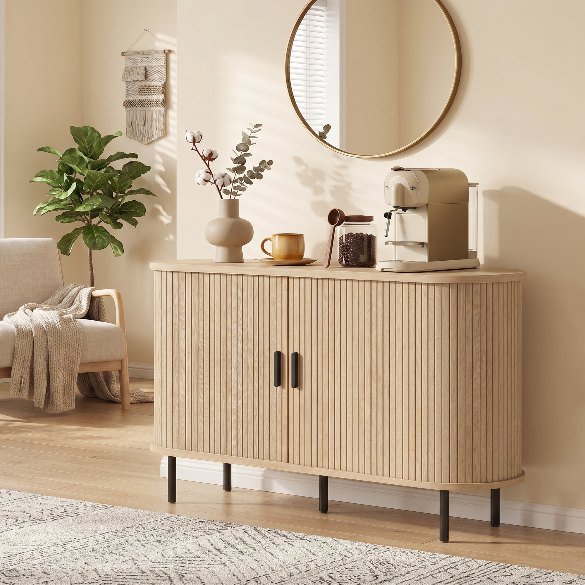 Fluted Sideboard Buffet Cabinet, 55" Mid Century Coffee Bar Cabinet with Sliding Doors, Kitchen Credenza with Adjustable Shelves, Natural Wood