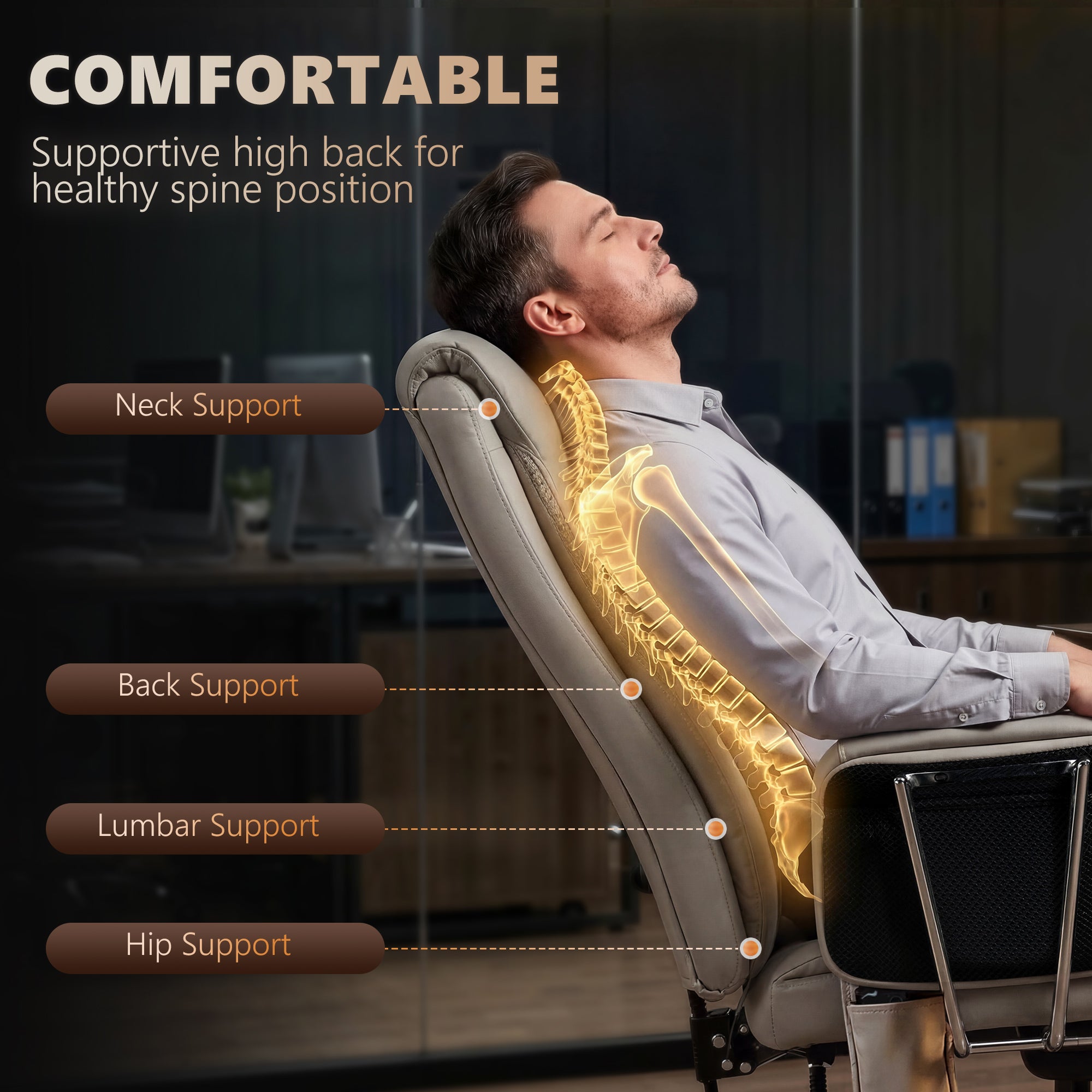 Massage Office Chair with 6-Point Vibration, Overstuffed Reclining Desk Chair with High Back, PU Leather, Footrest, Thick Spring Cushion, Lumbar Support, Adjustable Height, Swivel Wheels, Gray