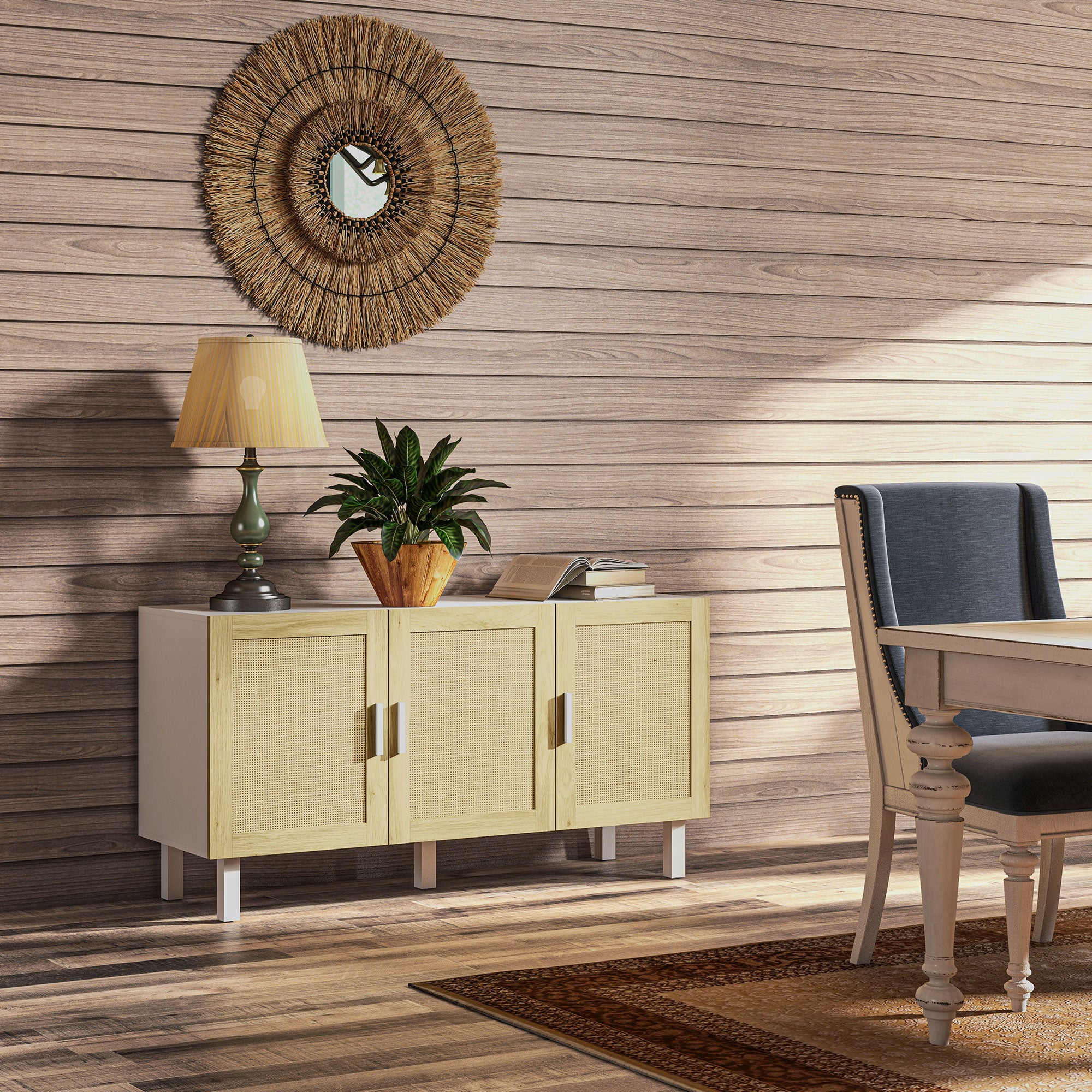 Boho Kitchen Buffet Cabinet with 3 Rattan Doors and Adjustable Shelves, White & Natural