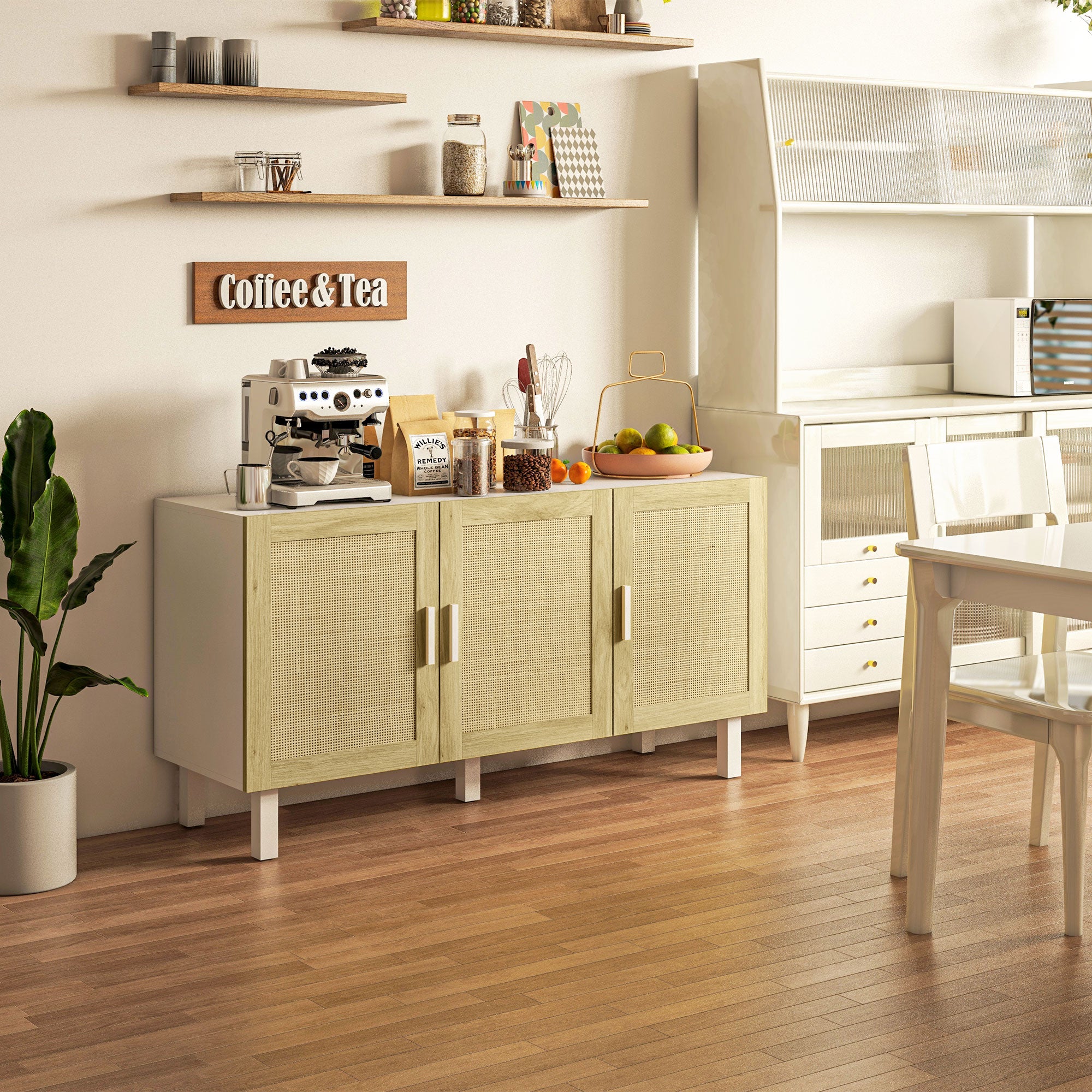 Boho Kitchen Buffet Cabinet with 3 Rattan Doors and Adjustable Shelves, White & Natural