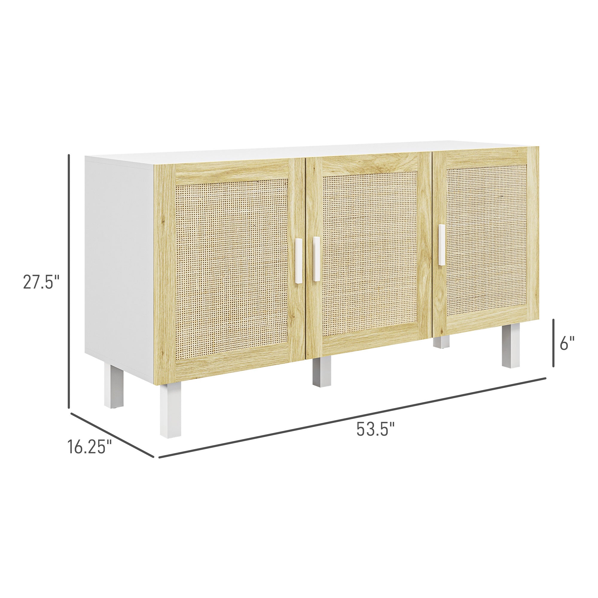 Boho Kitchen Buffet Cabinet with 3 Rattan Doors and Adjustable Shelves, White & Natural