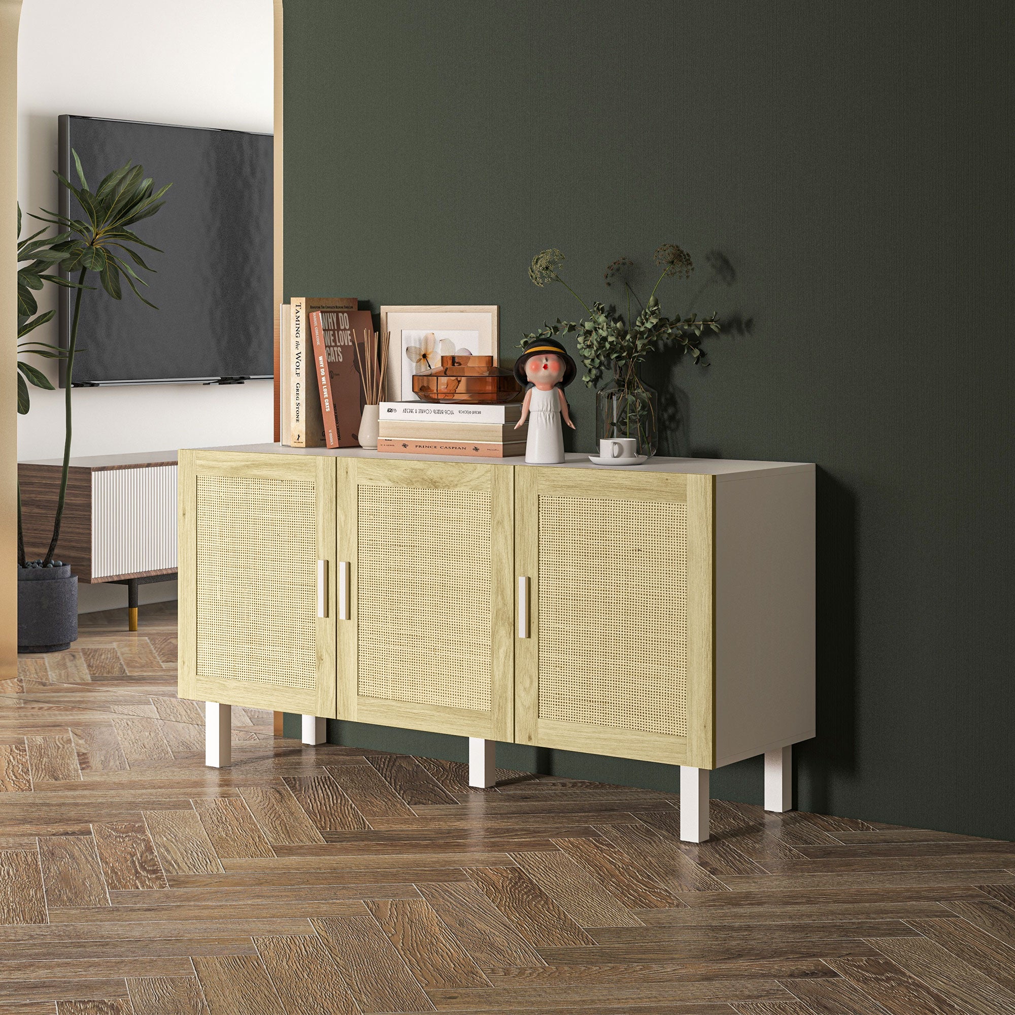 Boho Kitchen Buffet Cabinet with 3 Rattan Doors and Adjustable Shelves, White & Natural