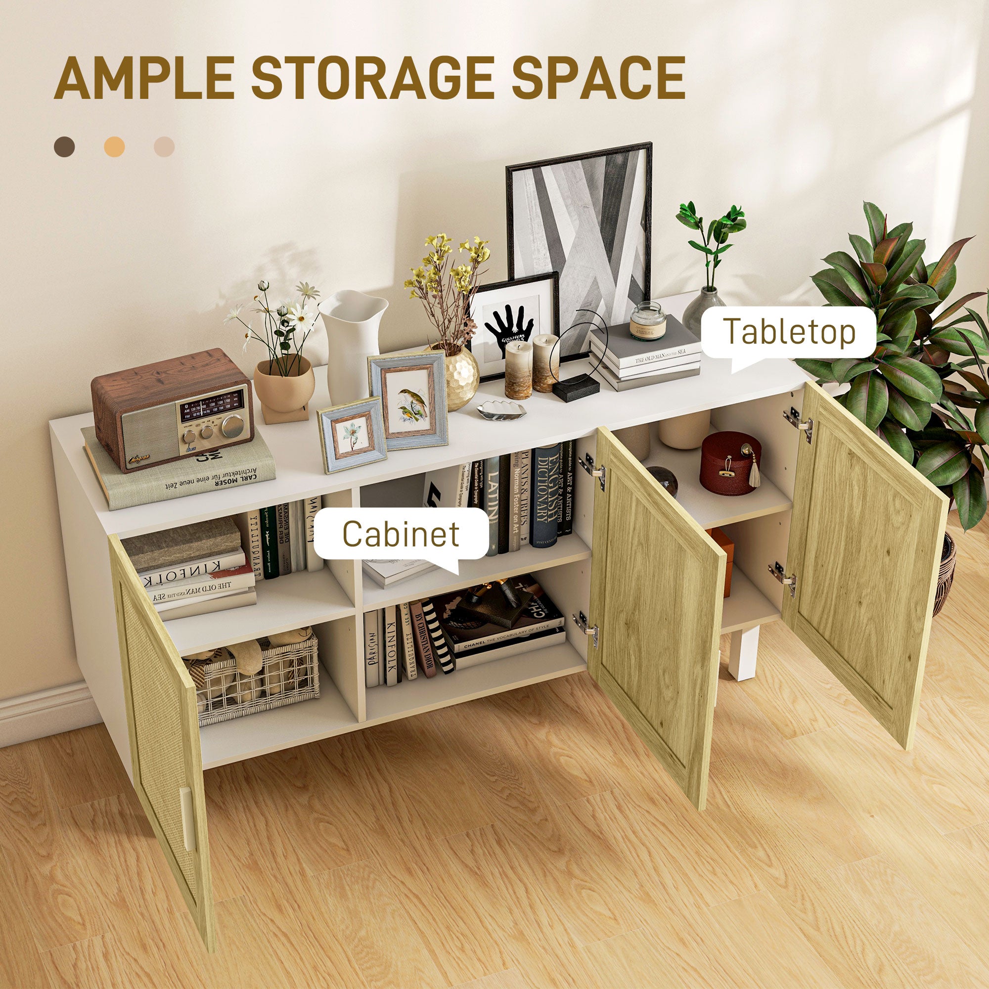 Boho Kitchen Buffet Cabinet with 3 Rattan Doors and Adjustable Shelves, White & Natural
