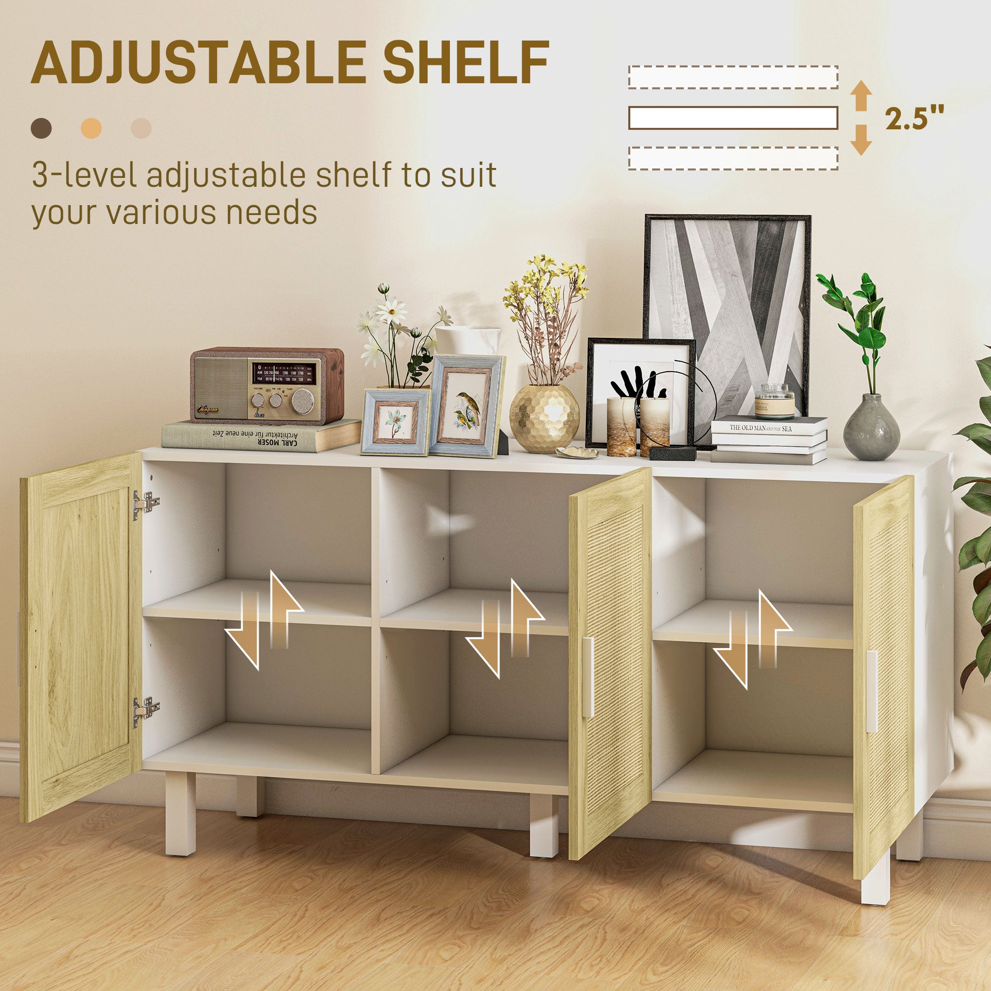 Boho Kitchen Buffet Cabinet with 3 Rattan Doors and Adjustable Shelves, White & Natural