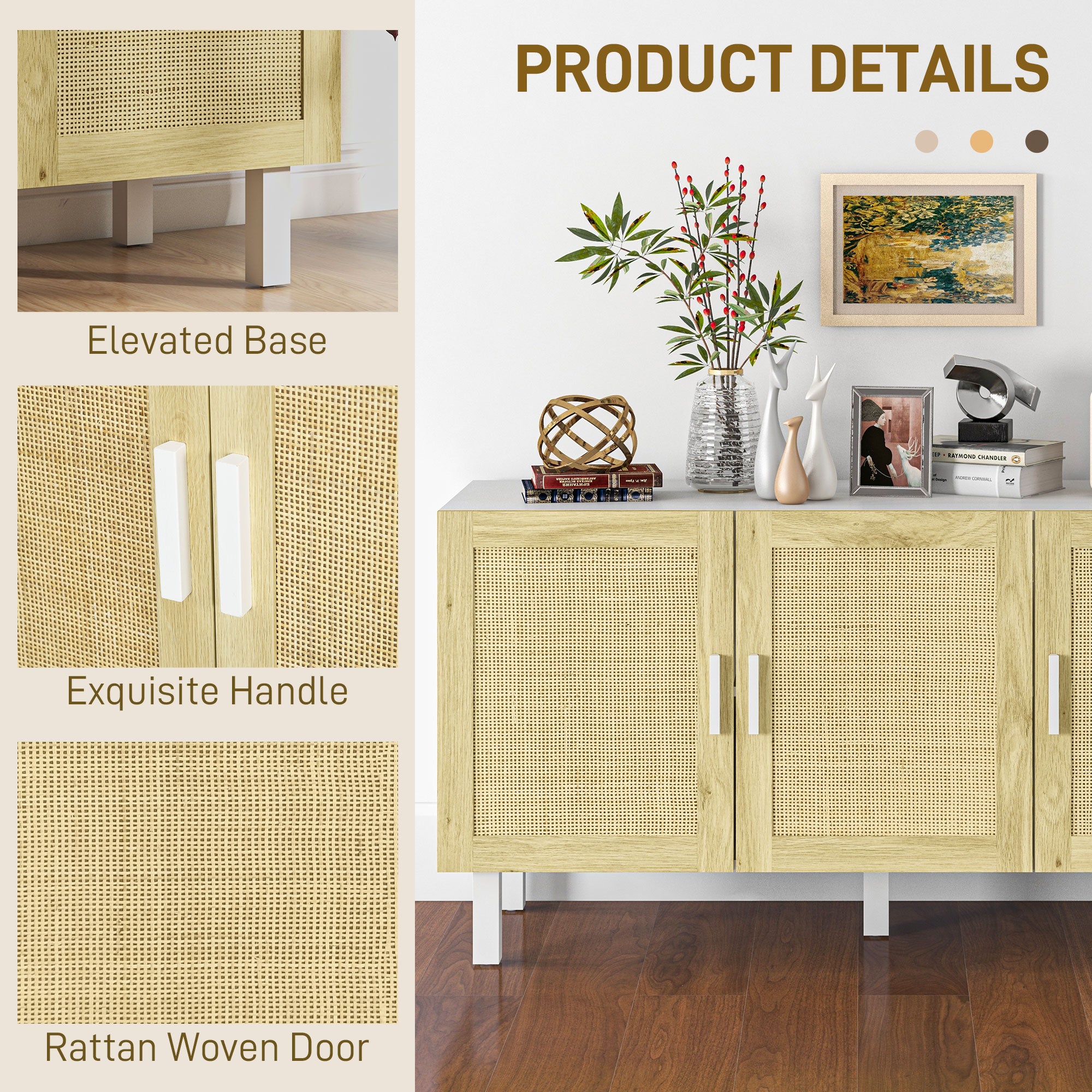 Boho Kitchen Buffet Cabinet with 3 Rattan Doors and Adjustable Shelves, White & Natural