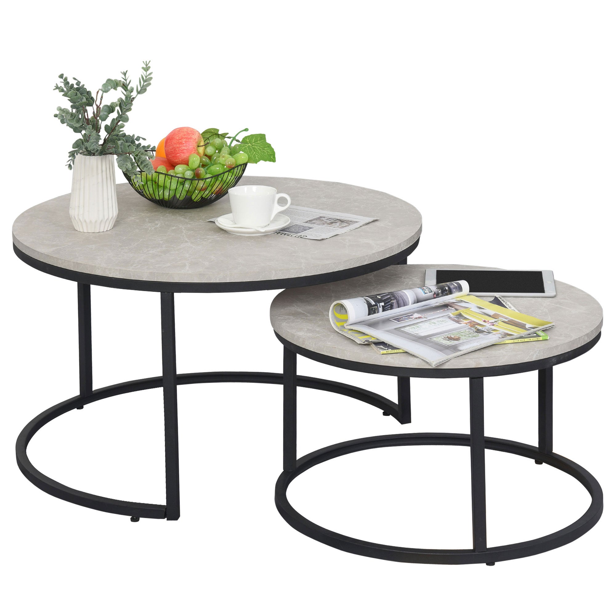 HOMCOM Nesting Tables, 31" Round Coffee Table Set of 2, Modern Side Tables for Living Room with Metal Base, Cement Grey