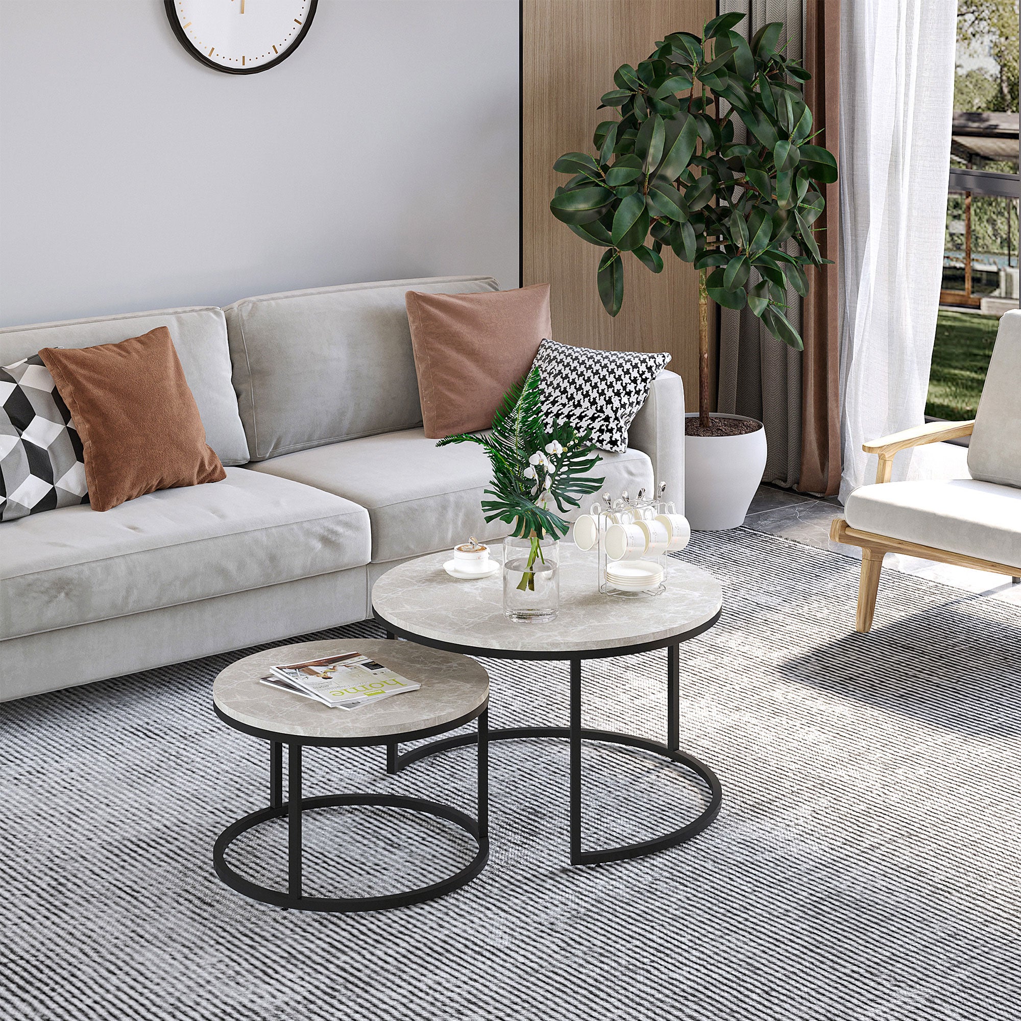 HOMCOM Nest of Tables, Round Coffee Table Set of 2, Coffee Tables with Steel Frame for Living Room, Marble Grey