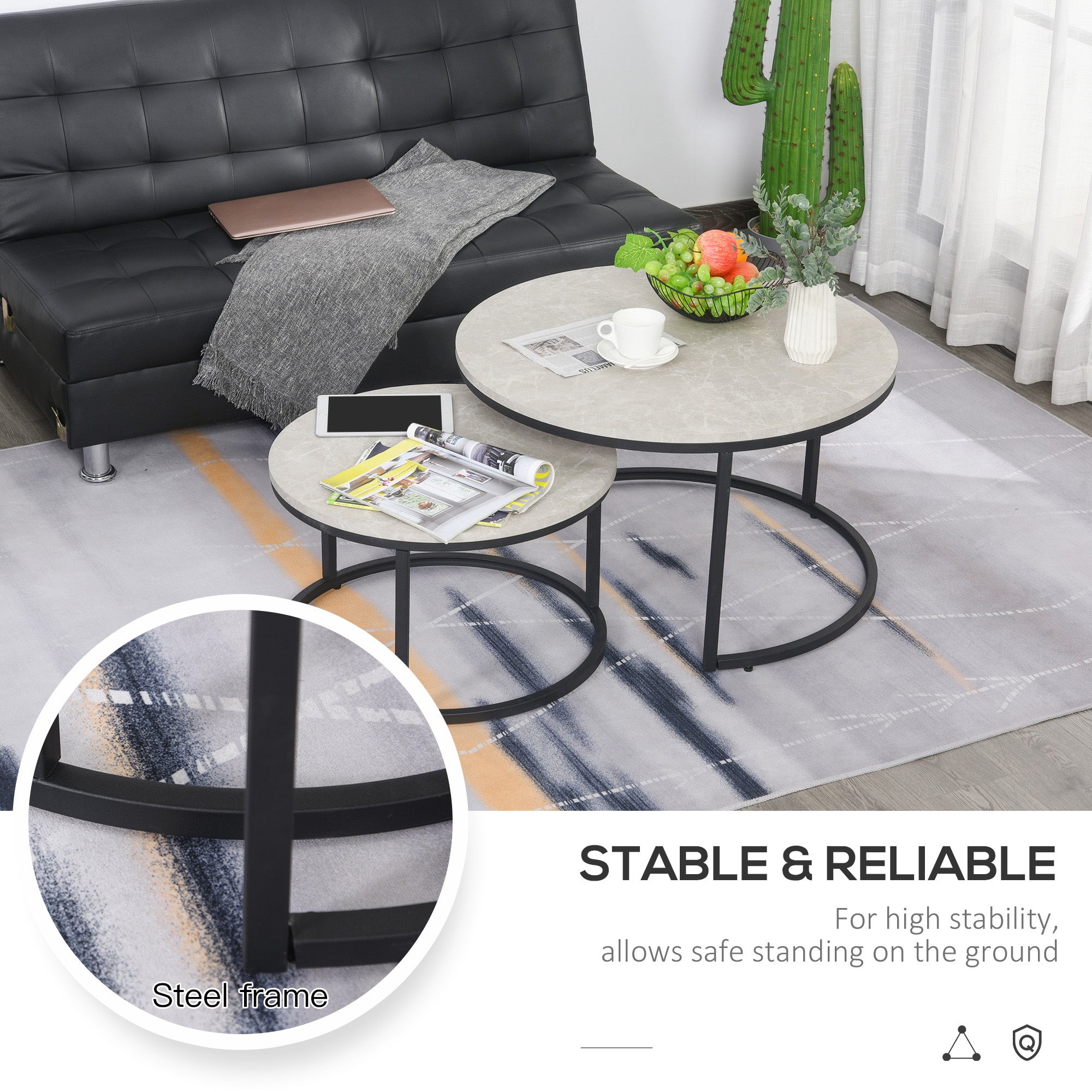 HOMCOM Nest of Tables, Round Coffee Table Set of 2, Coffee Tables with Steel Frame for Living Room, Marble Grey