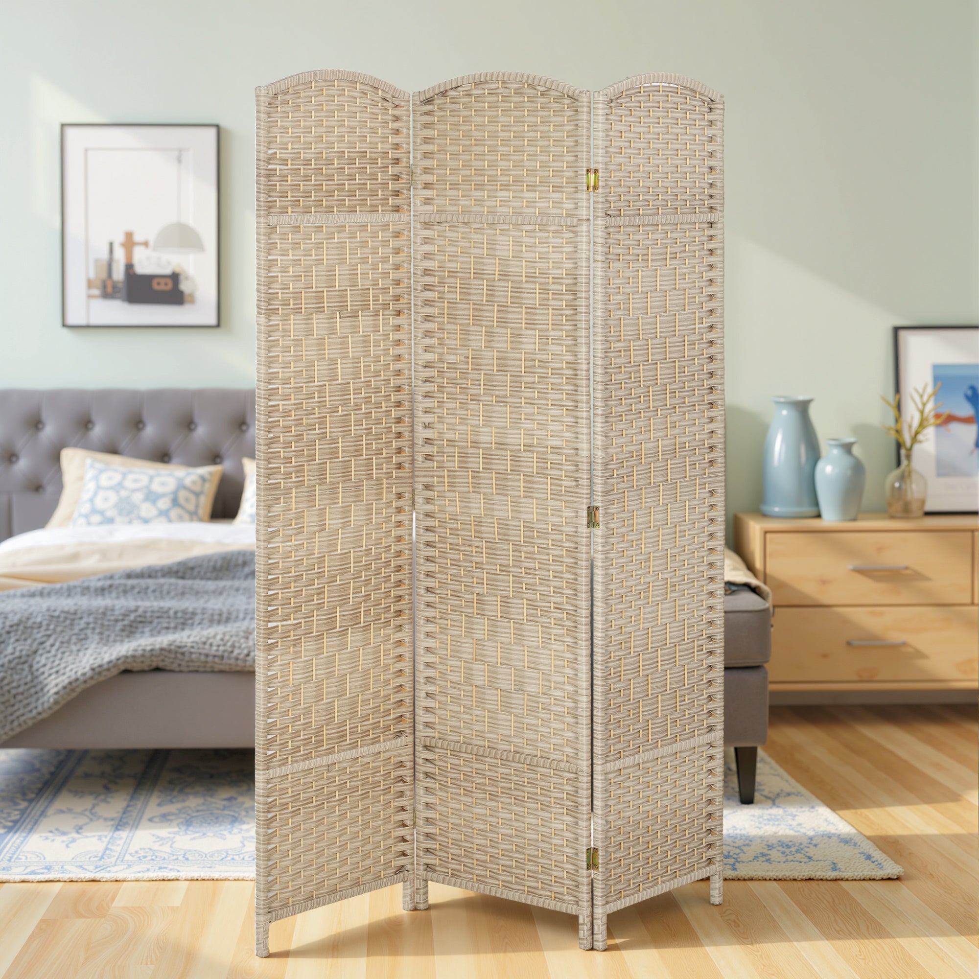 3 Panel Room Divider, 6' Tall Folding Privacy Screen, Hand-Woven Freestanding Wall Partition for Home Office, Bedroom, Washed Oak