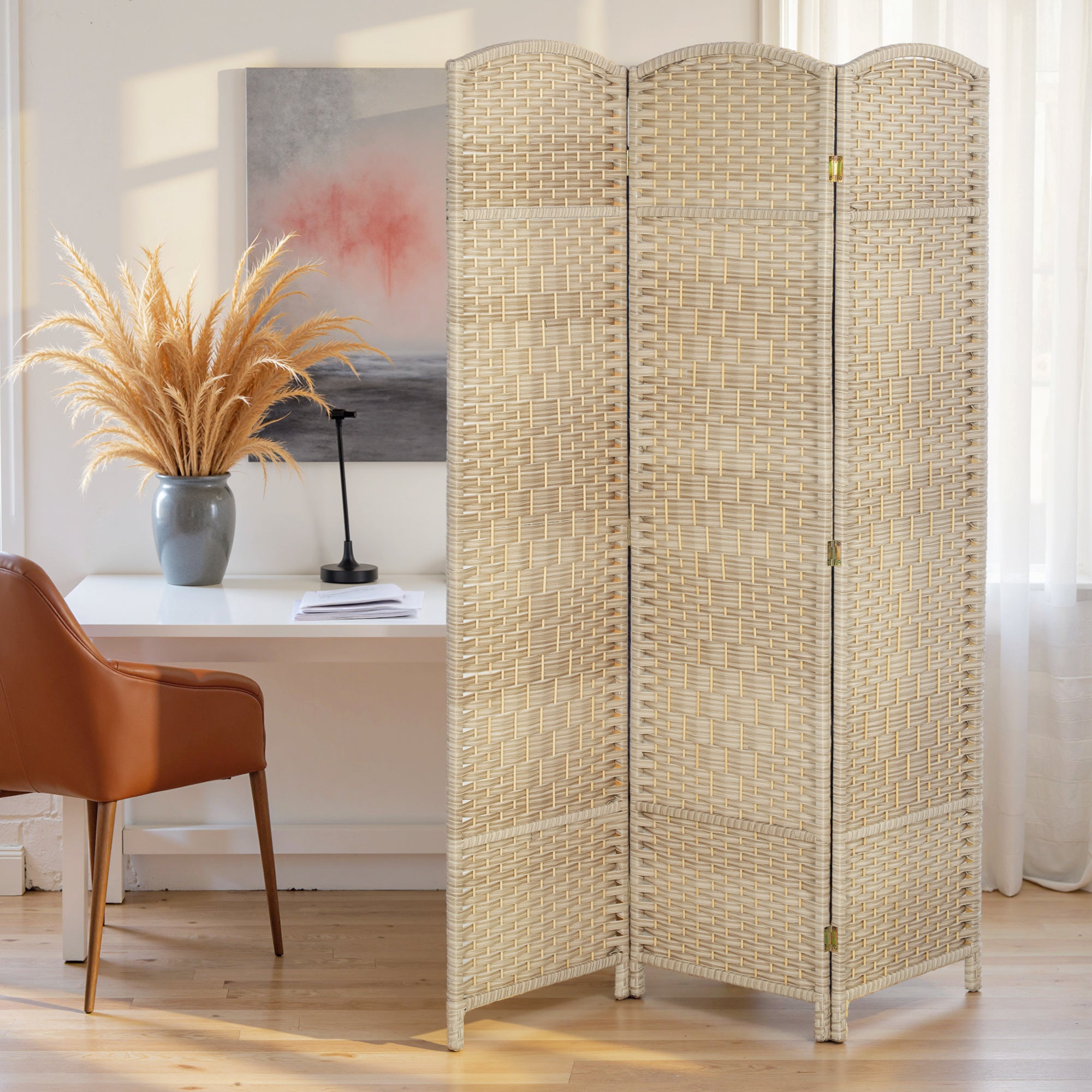3 Panel Room Divider, 6' Tall Folding Privacy Screen, Hand-Woven Freestanding Wall Partition for Home Office, Bedroom, Washed Oak
