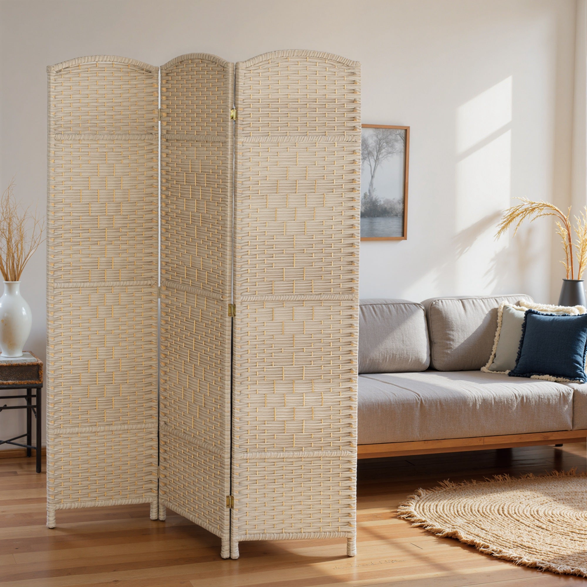 3 Panel Room Divider, 6' Tall Folding Privacy Screen, Hand-Woven Freestanding Wall Partition for Home Office, Bedroom, Washed Oak