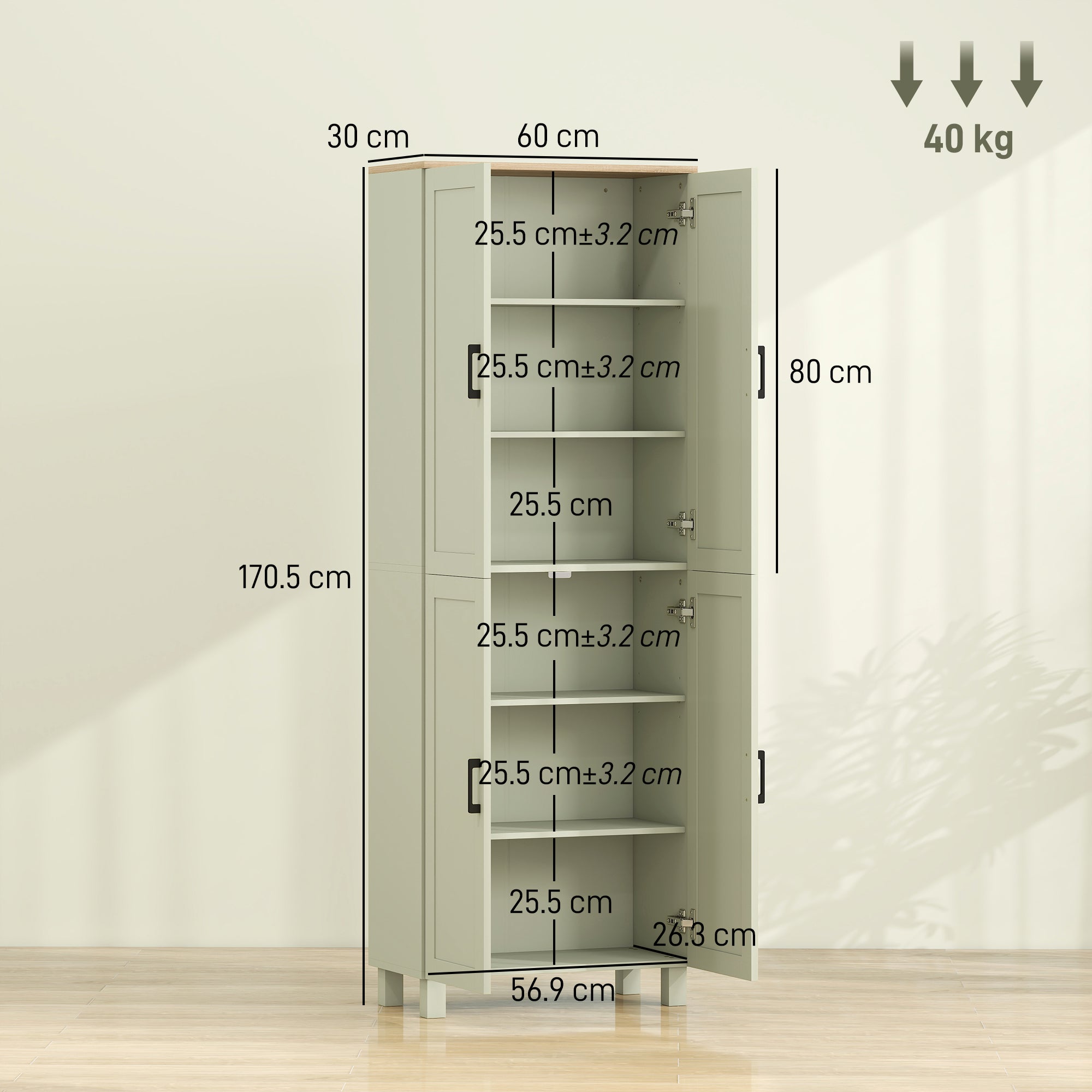Freestanding Kitchen Cupboard, 4-Door Storage Cabinet with Adjustable Shelves, Modern Kitchen Pantry for Dining Room, 170cm, Green