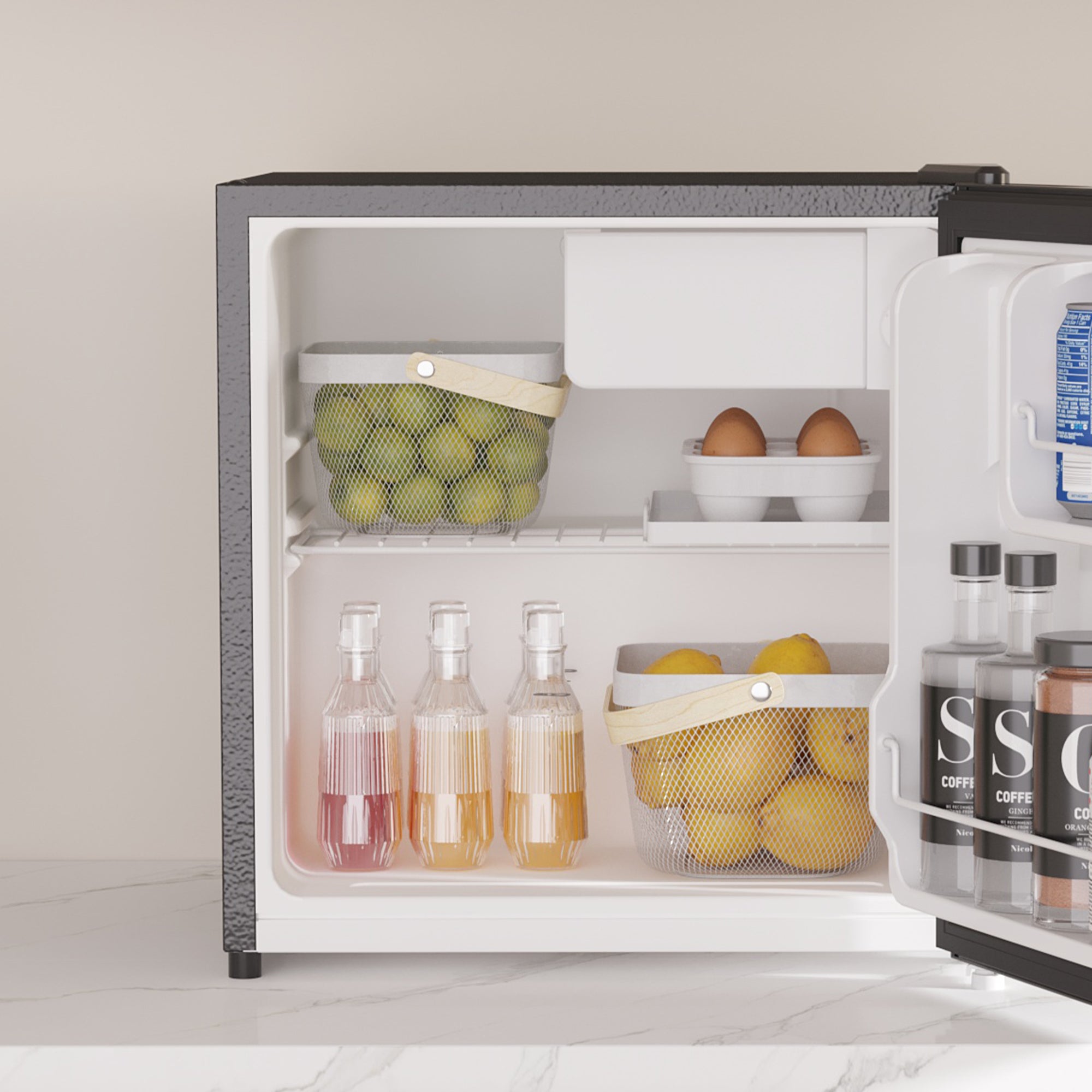 HOMCOM 46 Litre Table Top Mini Fridge, Small Fridge with Ice Box, Reversible Door, Adjustable Temperature and Legs, Mini Fridge for Bedrooms, Home Office, Black