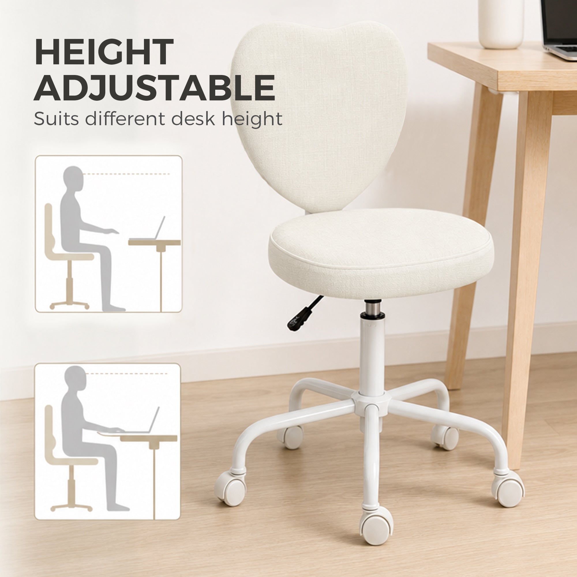 Armless Home Office Chair, Modern Fabric Makeup Vanity Chair with Heart Shape, Swivel Wheels, Height Adjustable, White