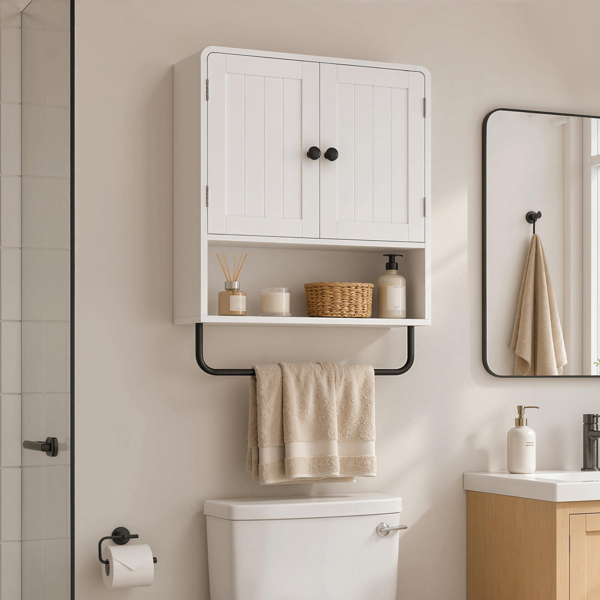 Bathroom Wall Cabinet, Wall Mounted Bathroom Cabinet with 2 Doors, Open Shelf, Towel Bar and Adjustable Shelf Storage for Toilet, Laundry, White
