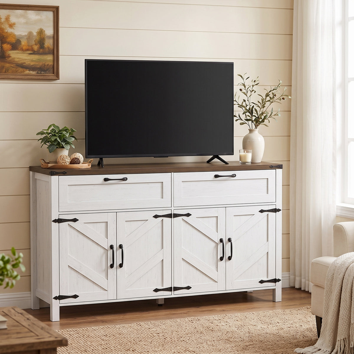 Sideboard Buffet Cabinet with Storage, 55" Large Farmhouse Kitchen Storage Cabinet with 2 Drawers and 4 Doors, Coffee Bar Station with Adjustable Shelves