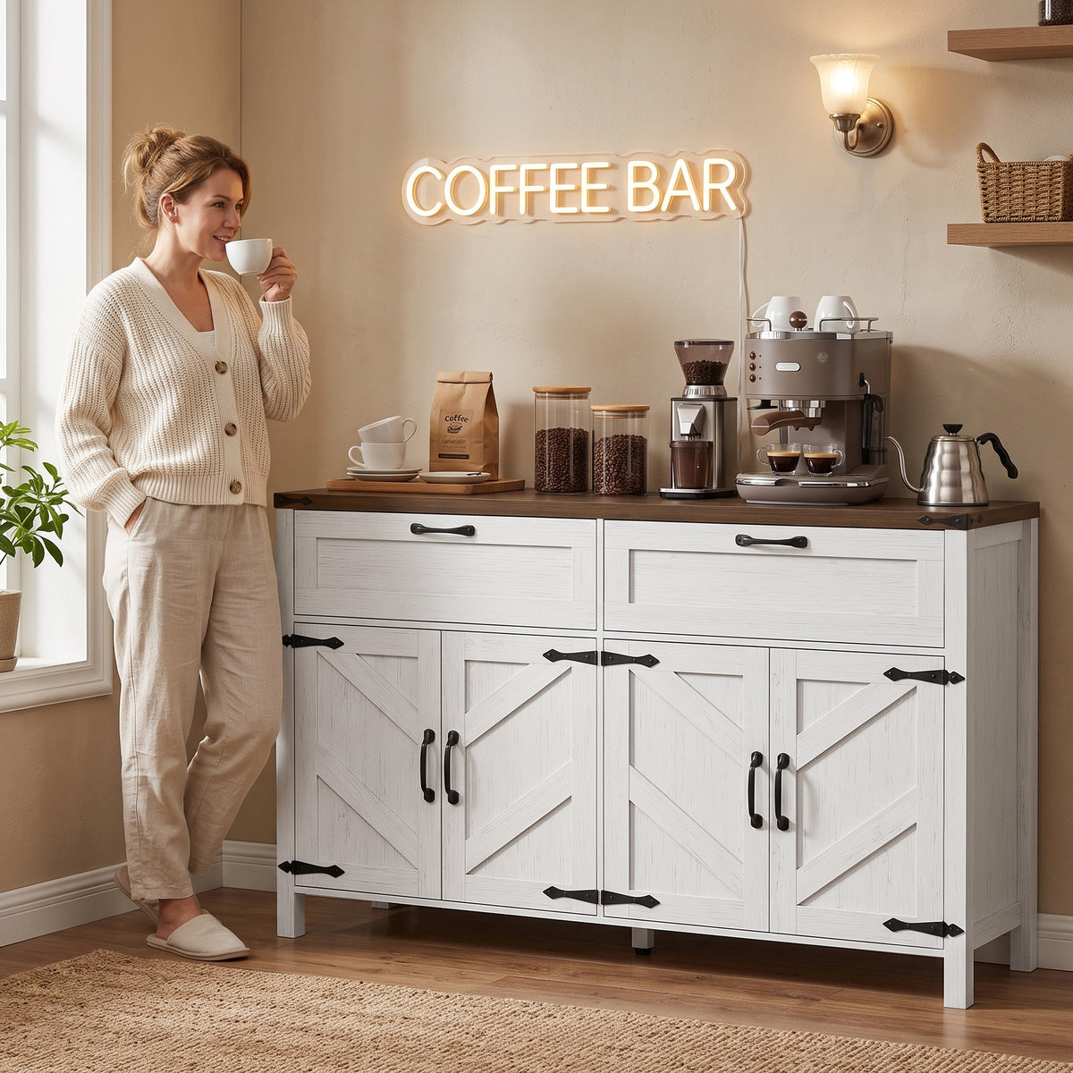 Sideboard Buffet Cabinet with Storage, 55" Large Farmhouse Kitchen Storage Cabinet with 2 Drawers and 4 Doors, Coffee Bar Station with Adjustable Shelves