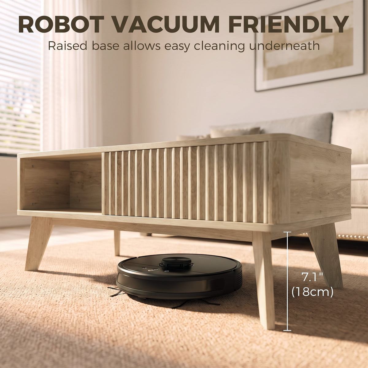 40" Fluted Lift Top Coffee Table with Storage, Mid-Century Modern Coffee Table with Hidden Compartment, Open Shelf and Rounded Corners for Living Room, Oak