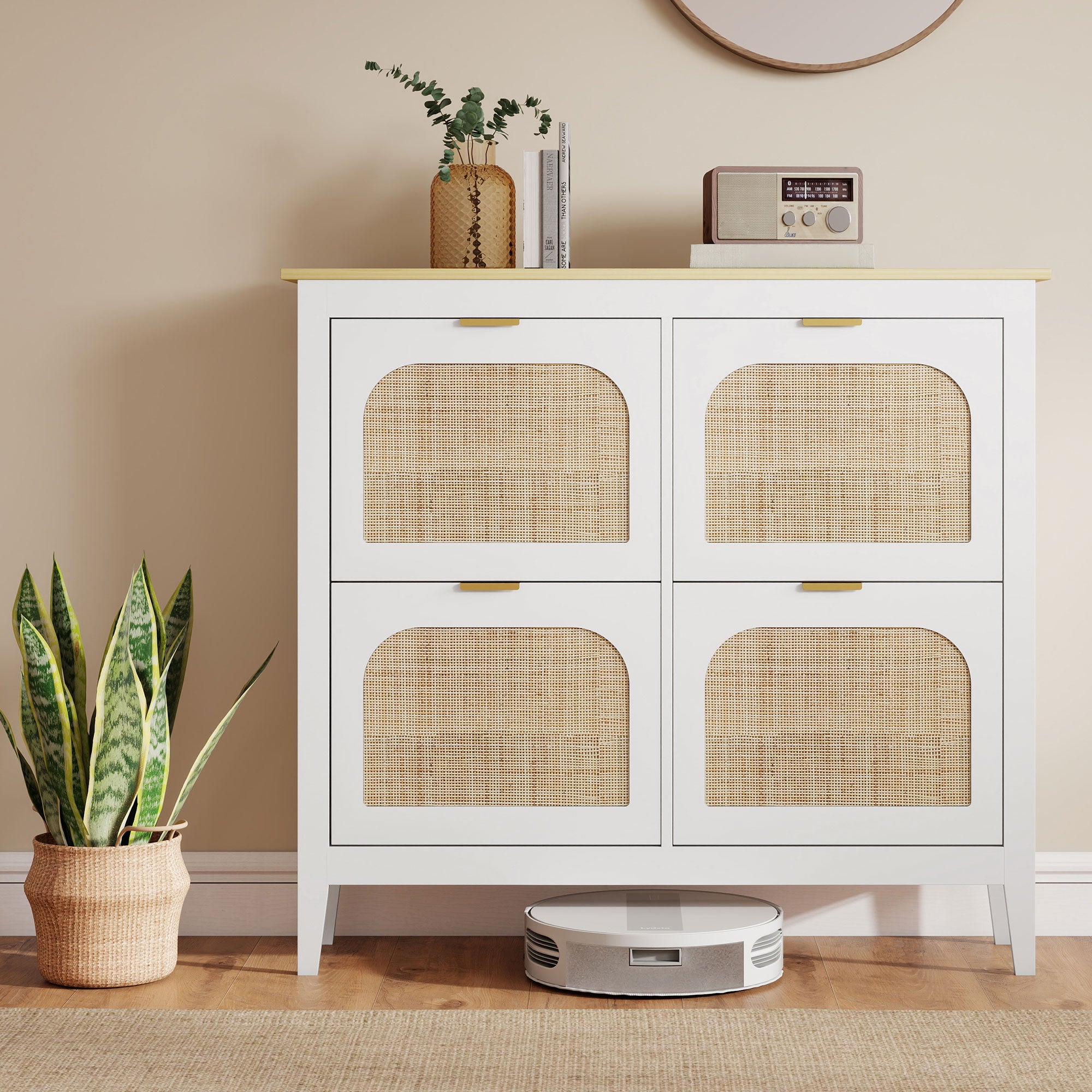 Shoe Storage Cabinet with 4 Flip Drawers, Boho Slim Shoe Cabinet with Rattan Doors for Entryway, Hallway, Holds 20 Pairs, White