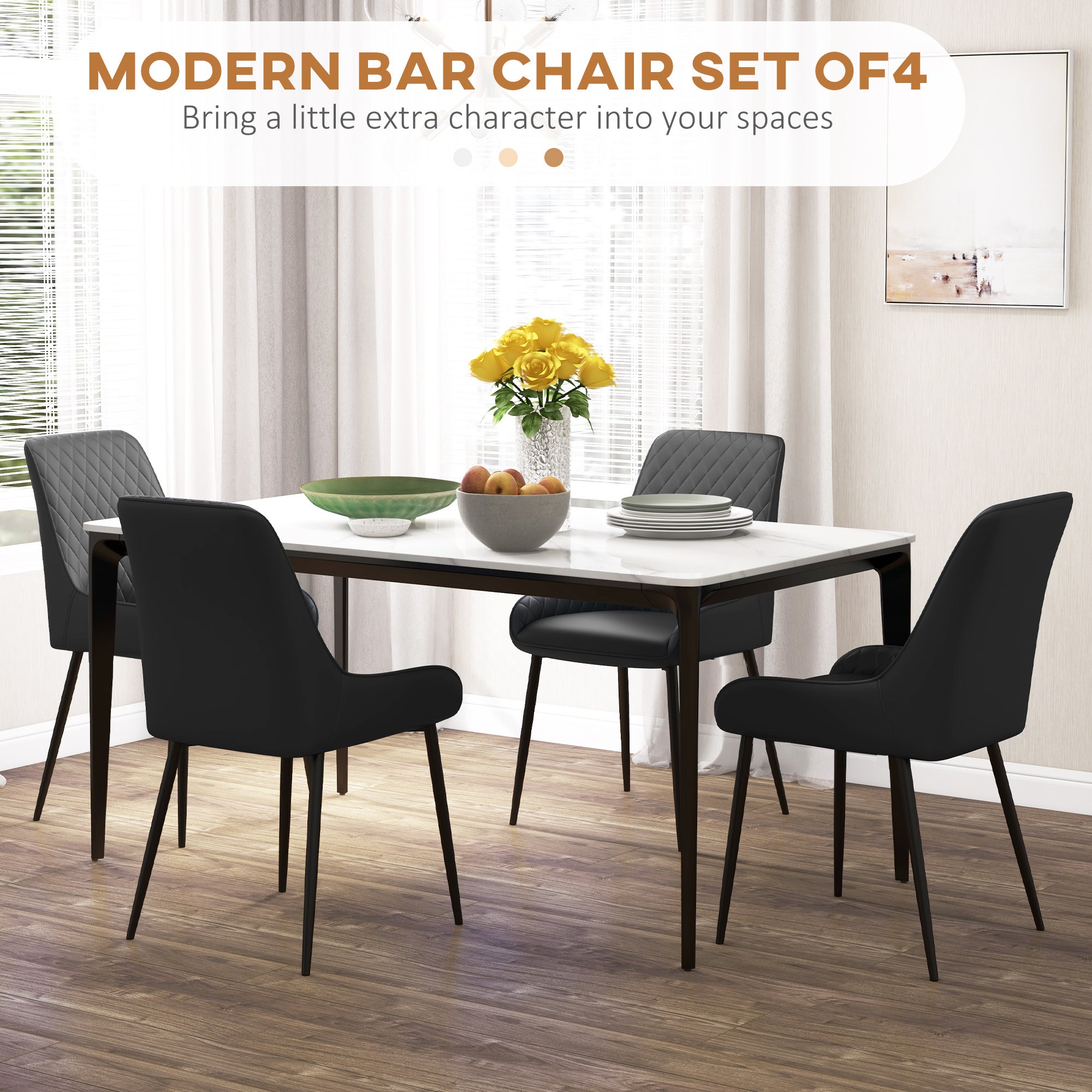 HOMCOM Dining Chairs Set of 4, Modern PU Leather Upholstered Kitchen Chairs with Diamond Tufted Backs and Steel Legs for Living Room, Dining Room, Bedroom, Black