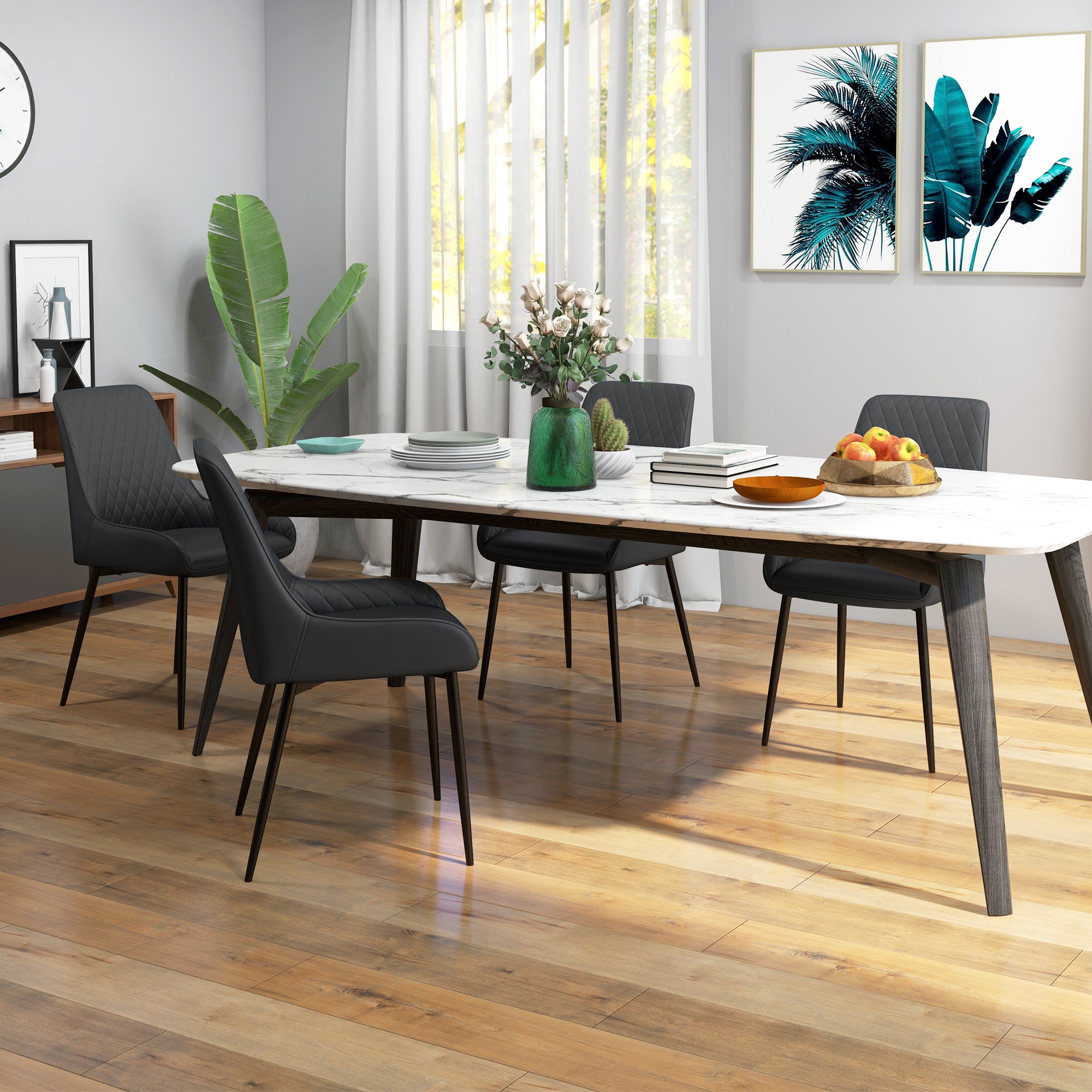 HOMCOM Dining Chairs Set of 4, Modern PU Leather Upholstered Kitchen Chairs with Diamond Tufted Backs and Steel Legs for Living Room, Dining Room, Bedroom, Black