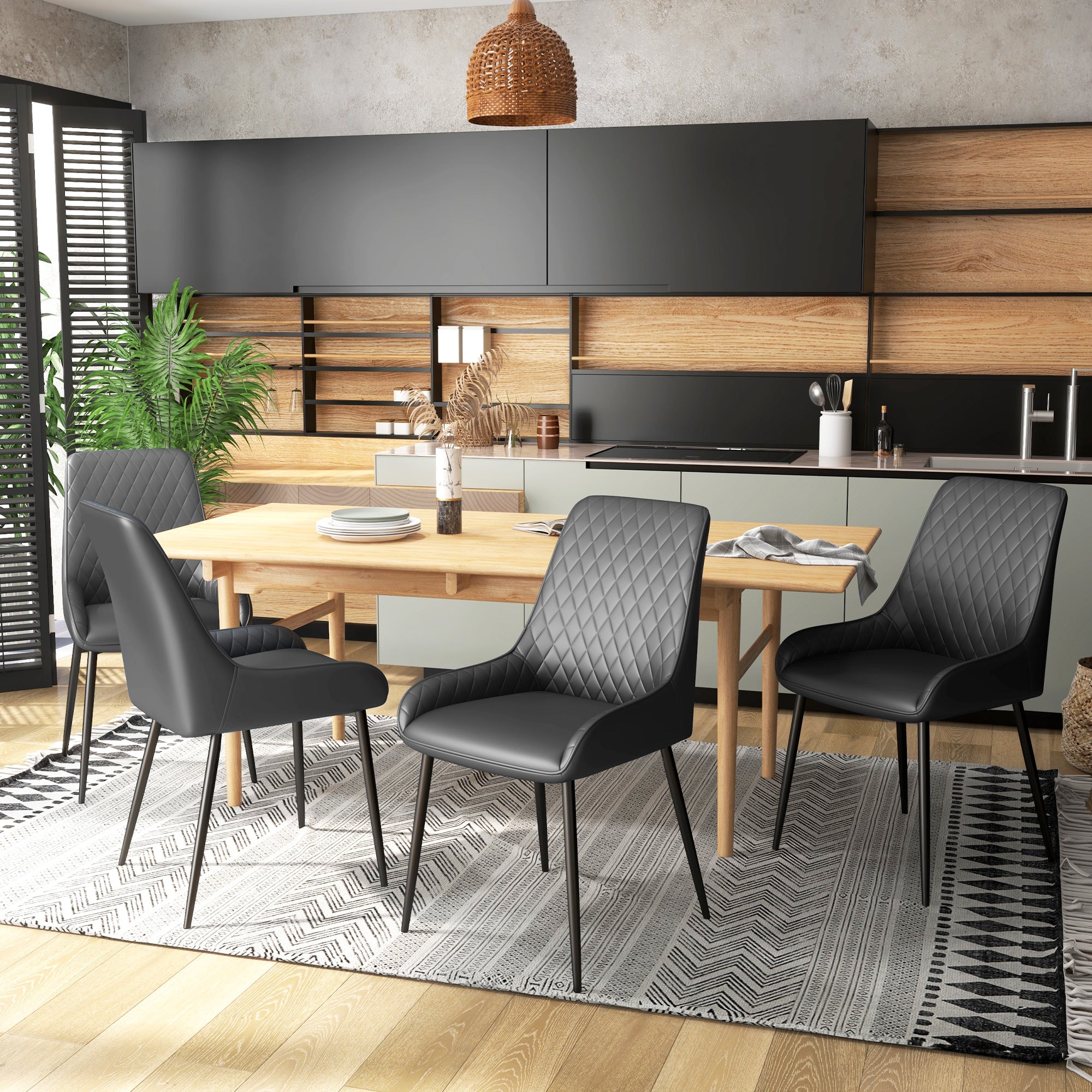 HOMCOM Dining Chairs Set of 4, Modern PU Leather Upholstered Kitchen Chairs with Diamond Tufted Backs and Steel Legs for Living Room, Dining Room, Bedroom, Black