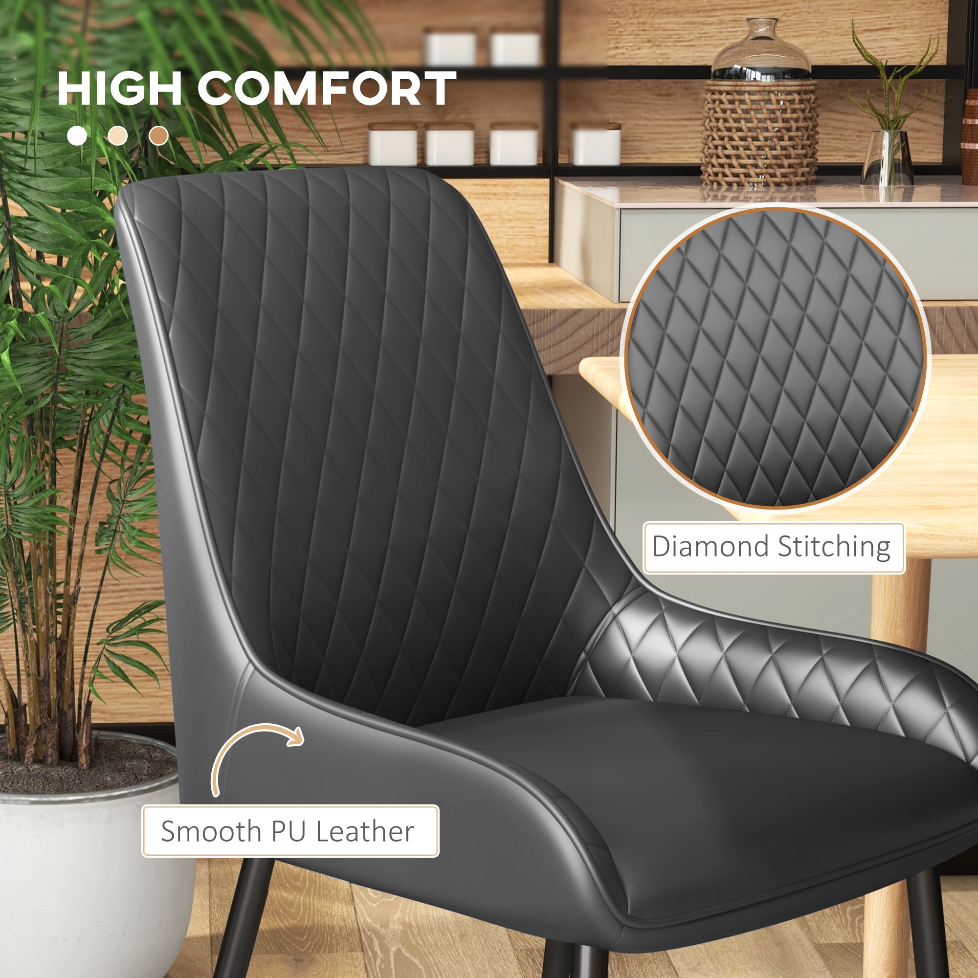HOMCOM Dining Chairs Set of 4, Modern PU Leather Upholstered Kitchen Chairs with Diamond Tufted Backs and Steel Legs for Living Room, Dining Room, Bedroom, Black