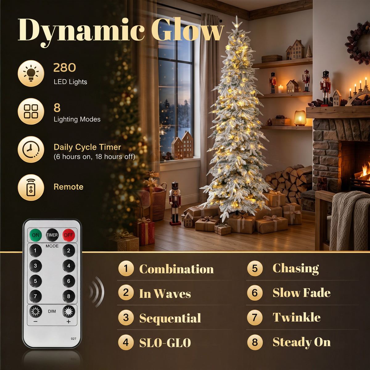 6ft Prelit Flocked Christmas Tree, Artificial Pencil Hinged Xmas Tree with Slim Downswept Shape, 280 Warm White LED Lights, 8 Modes, Daily Timer, 600 Tips, Remote, Steel Stand, Green White