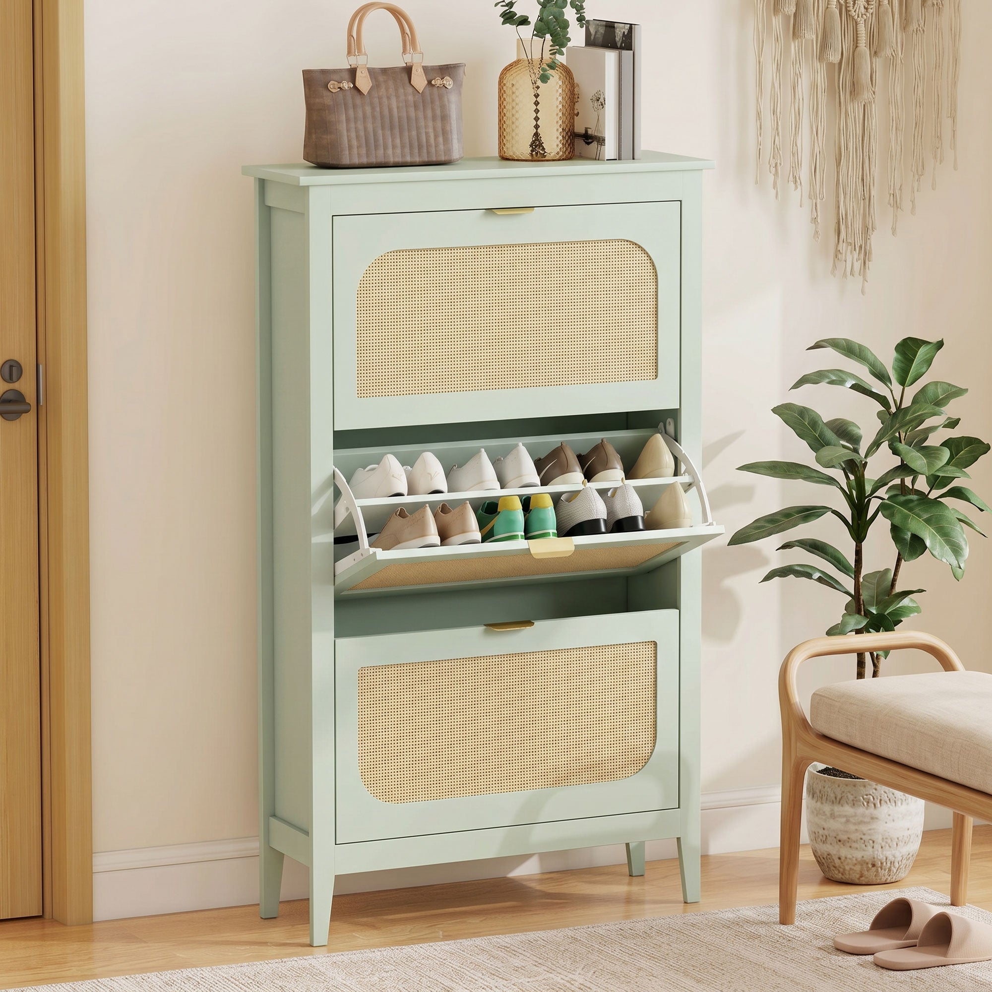 Shoe Storage Cabinet with 3 Flip Drawers, Boho Slim Shoe Cabinet with Rattan Doors for Entryway, Hallway, Holds 21 Pairs, Light Green
