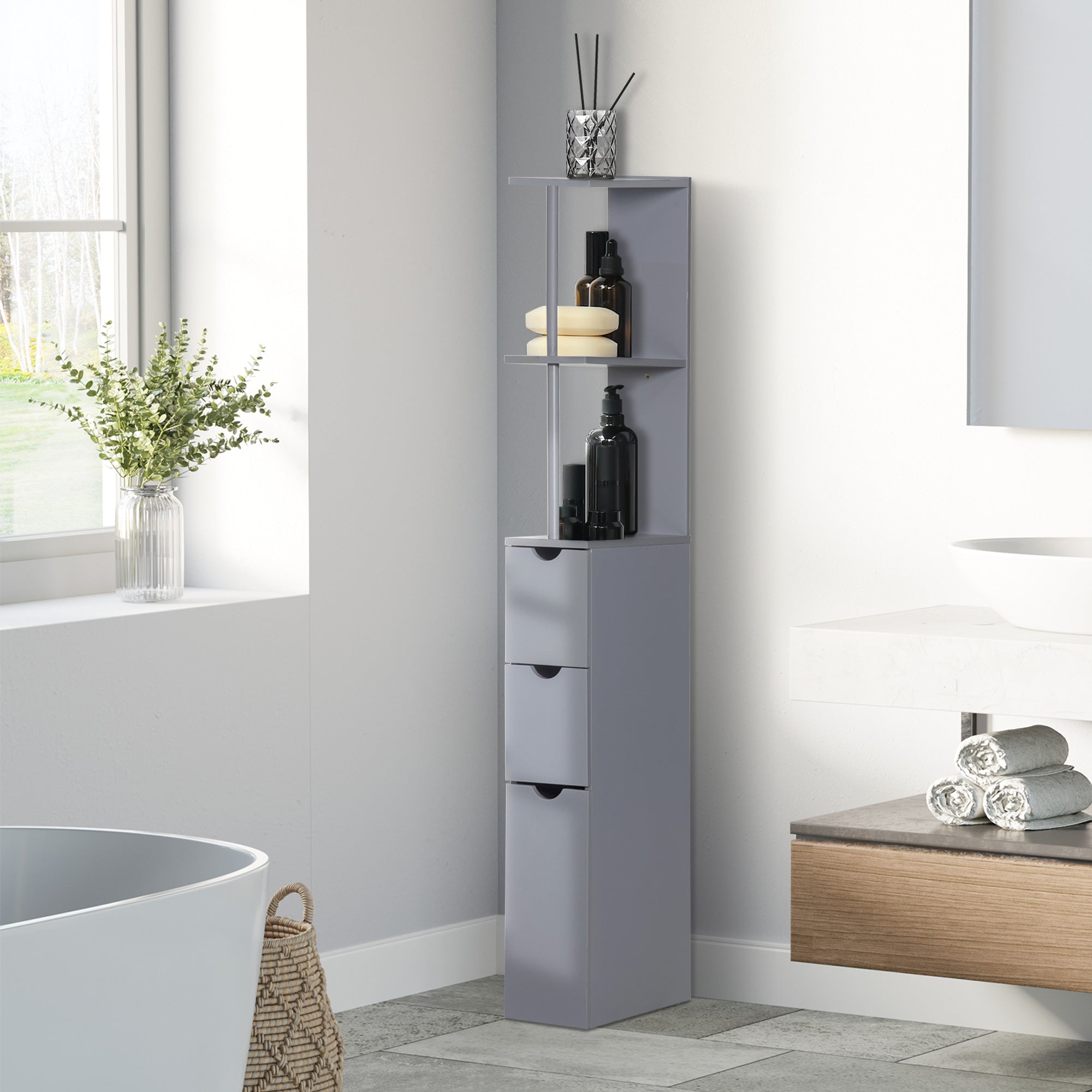 54" Tall Bathroom Storage Cabinet, Freestanding Linen Tower w/ 2 Tier Shelf & Drawers, Grey