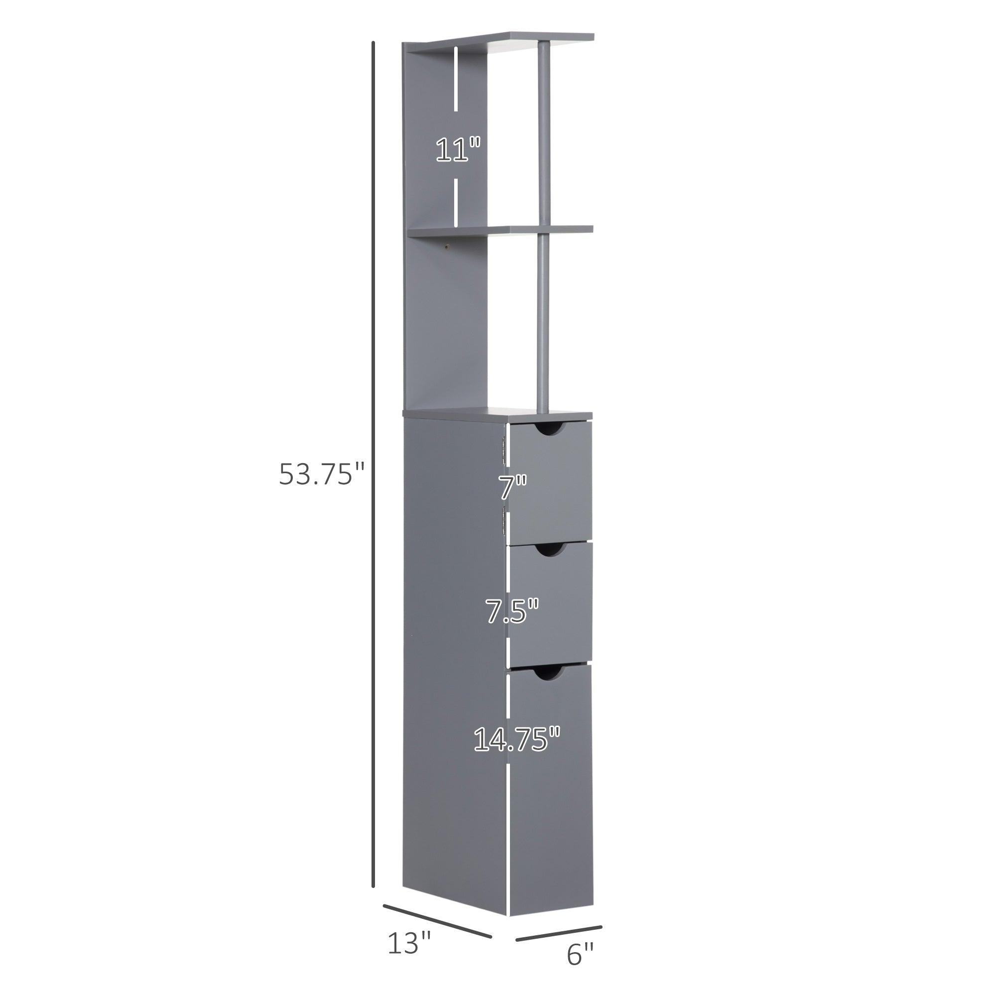 54" Tall Bathroom Storage Cabinet, Freestanding Linen Tower w/ 2 Tier Shelf & Drawers, Grey