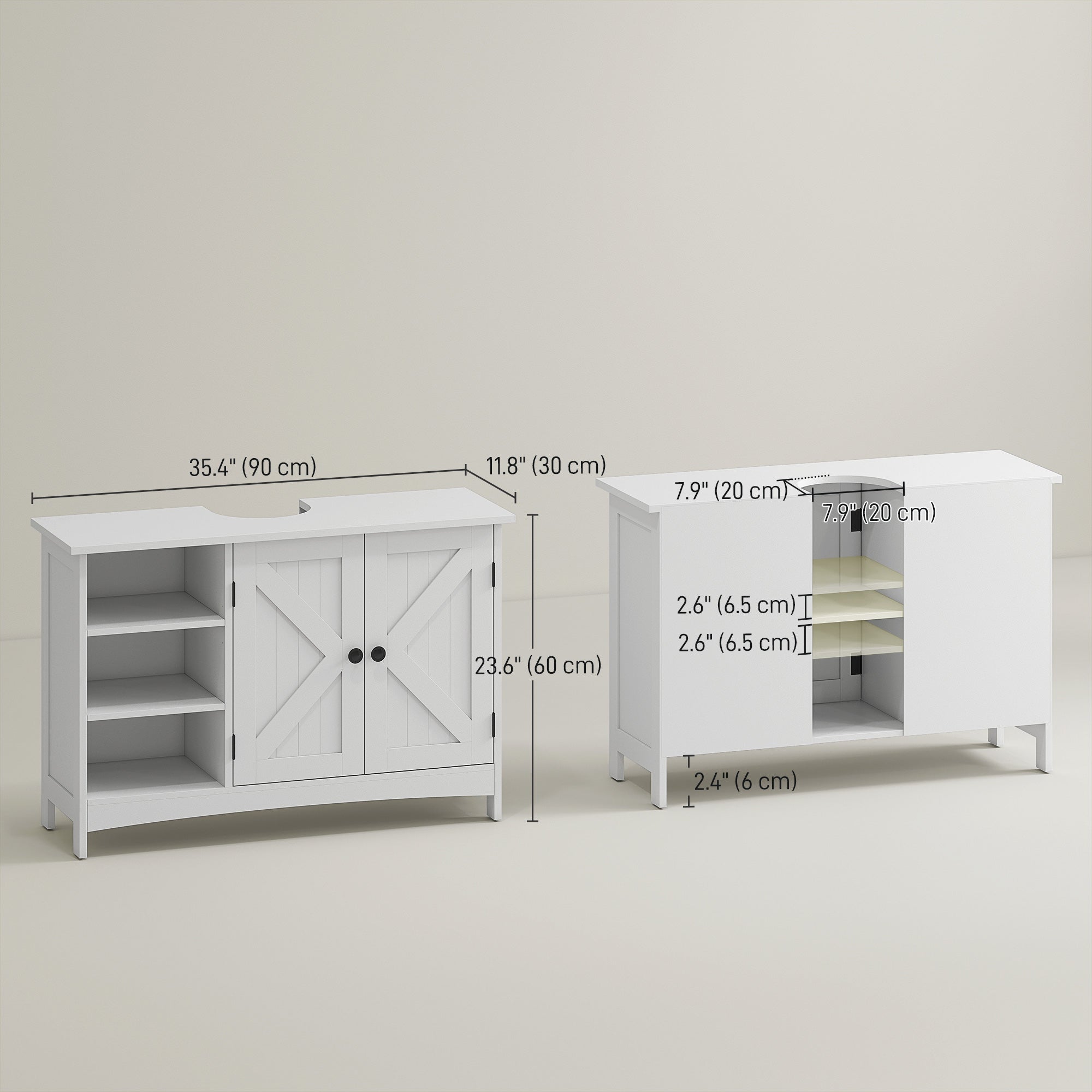 Bathroom Vanity Cabinet, Modern Farmhouse Under Sink Storage Cabinet with Double Doors, Open and Adjustable Shelves for Wall-Mounted Sink, 35.4" W x 11.8" D x 23.6" H, White
