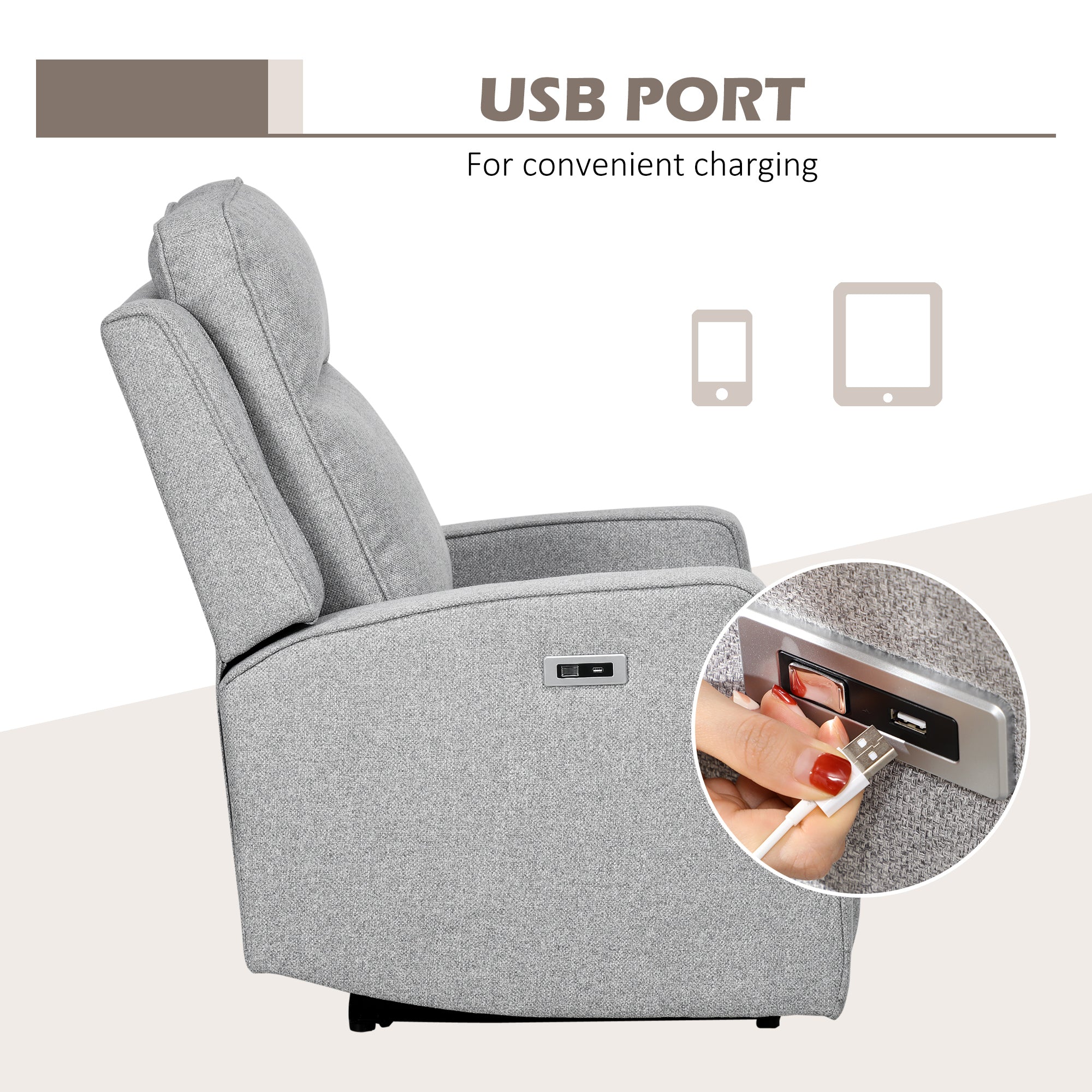 Electric Power Recliner, Wall Hugger Armchair w/ USB Charging Station, Gray