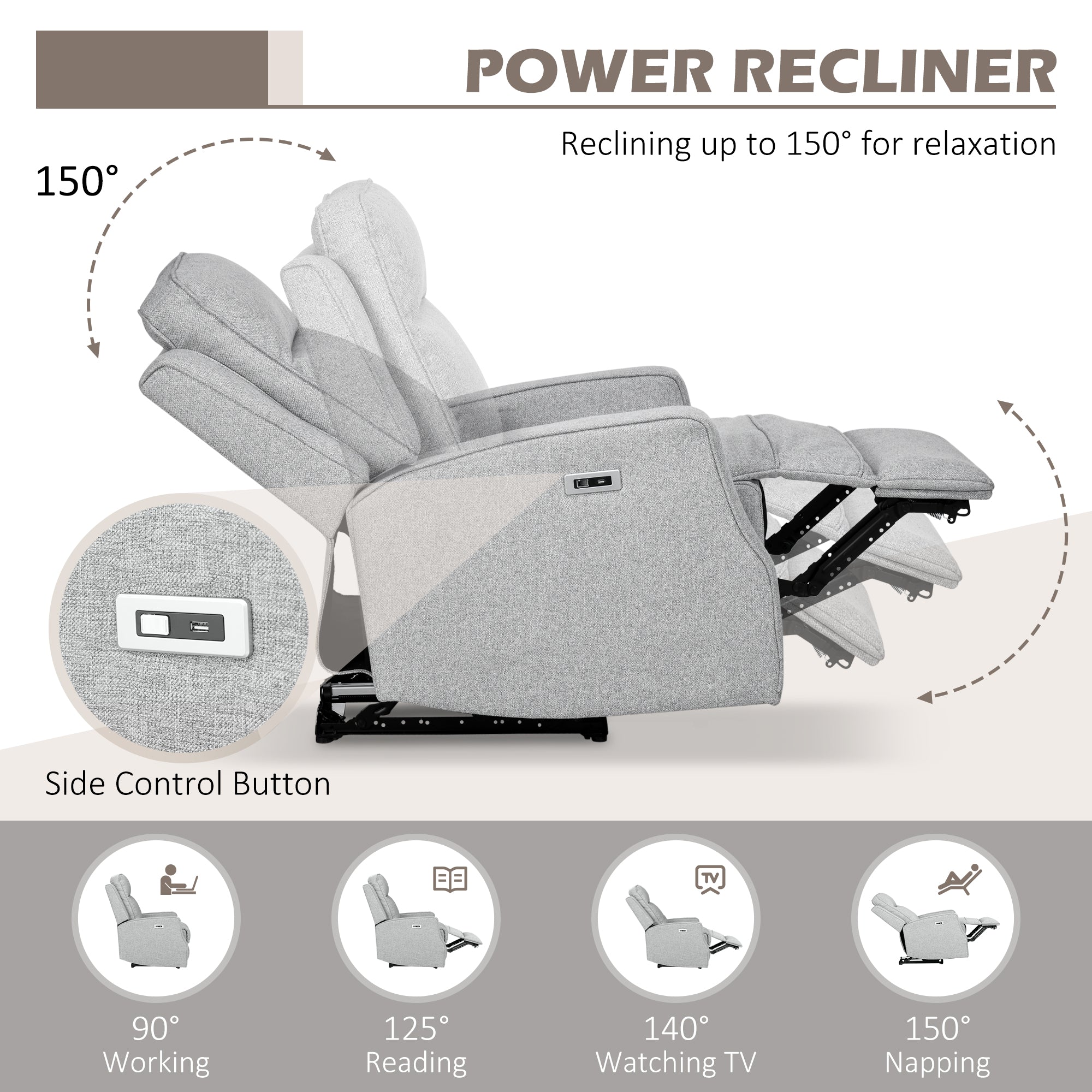 Electric Power Recliner, Wall Hugger Armchair w/ USB Charging Station, Gray