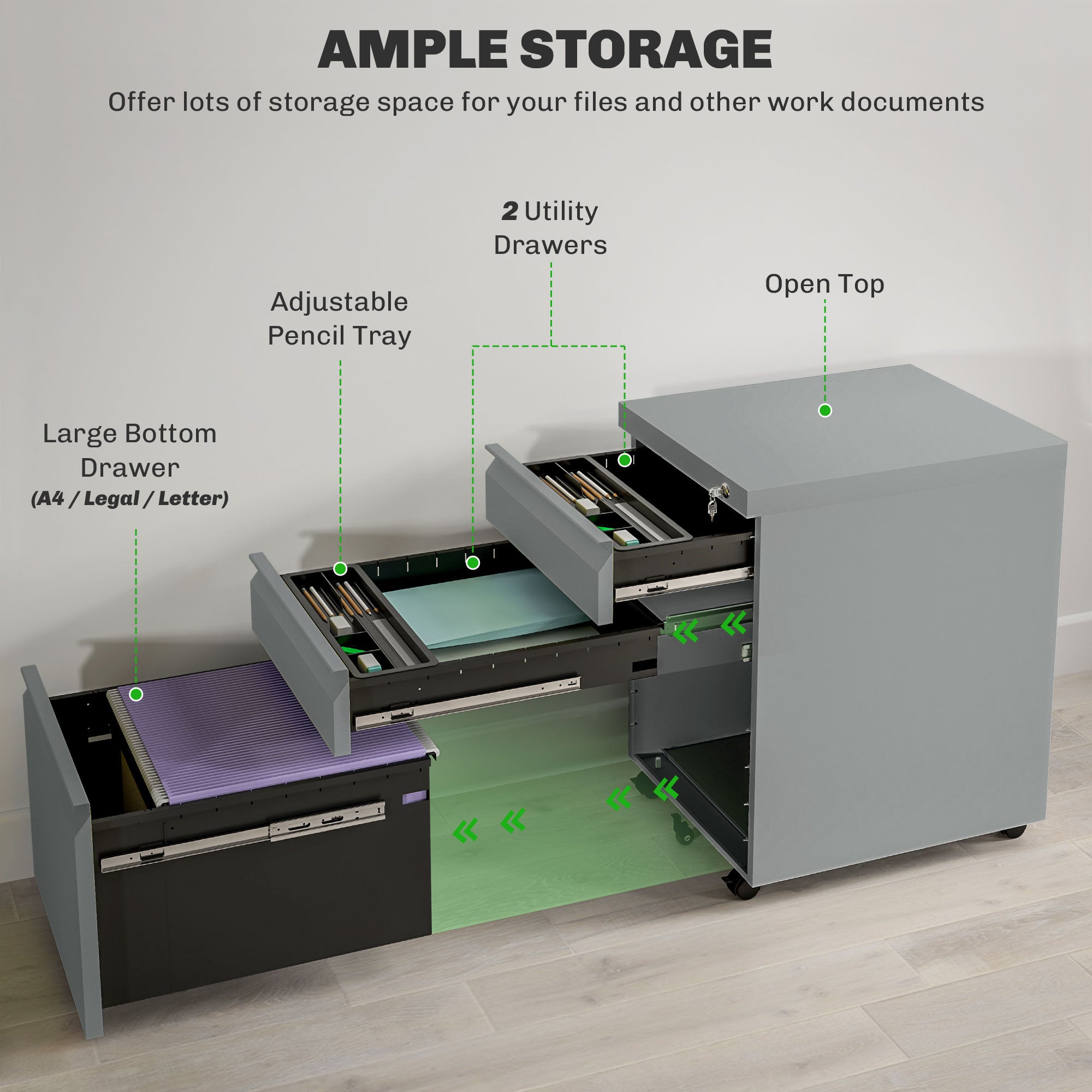 Vinsetto Mobile Vertical File Cabinet Lockable Metal Filling Cabinet with 3 Drawers Anti-tilt Design for Letter A4 Legal Size Fully Assembled Except Casters Grey