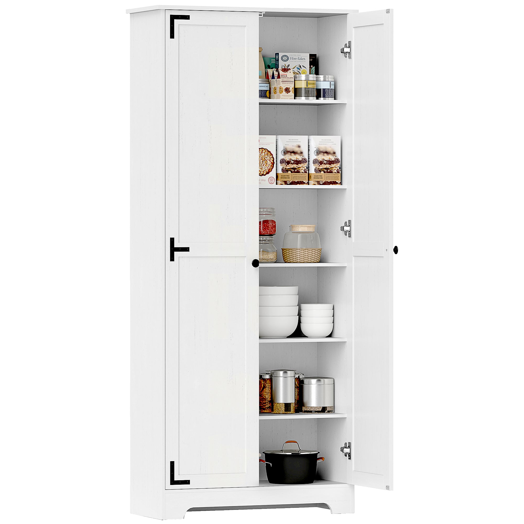 HOMCOM 72" Tall Farmhouse Storage Cabinet, Freestanding Kitchen Pantry Cabinet with Adjustable Shelves and Recessed Doors, White