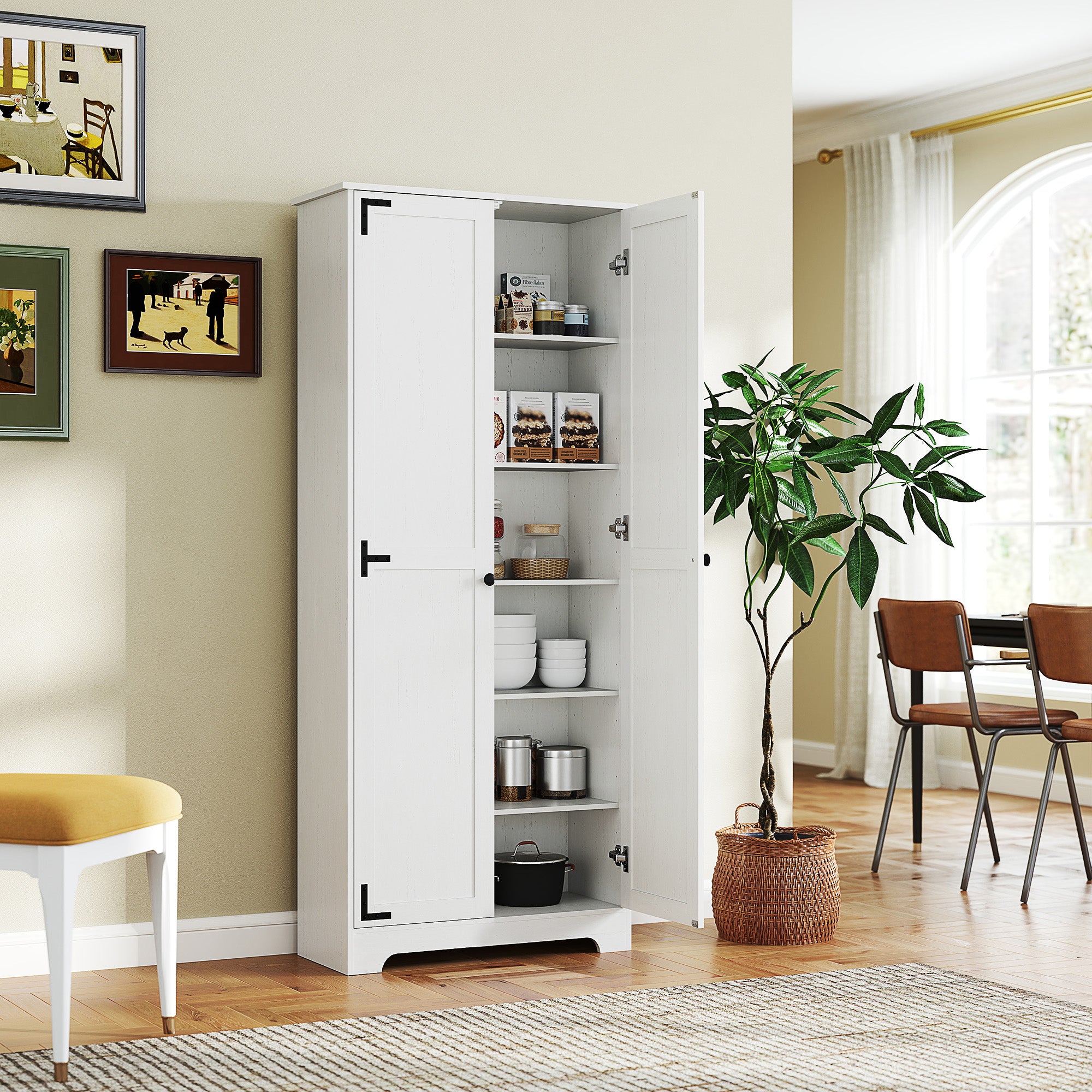 HOMCOM 72" Tall Farmhouse Storage Cabinet, Freestanding Kitchen Pantry Cabinet with Adjustable Shelves and Recessed Doors, White